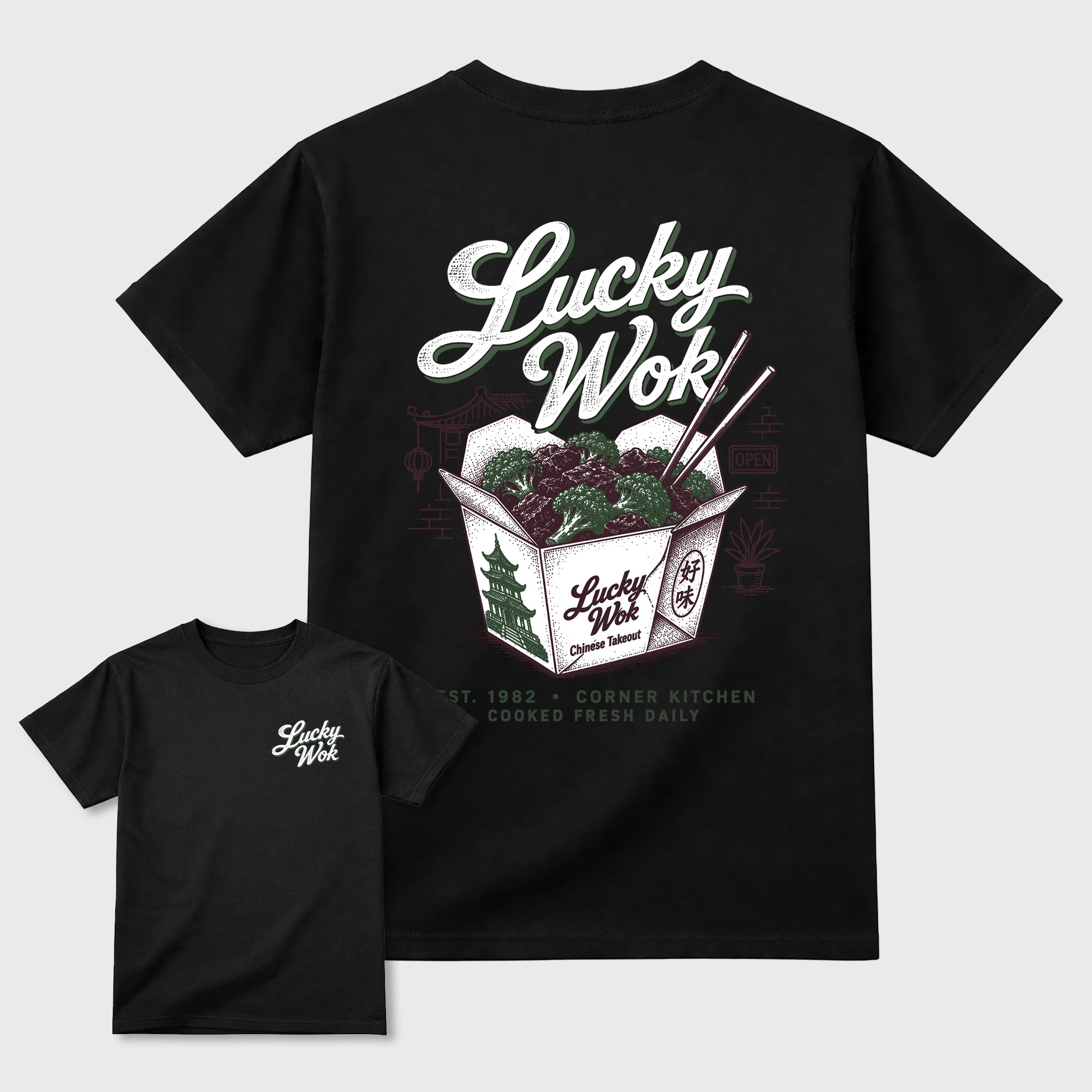Lucky Wok Graphic T-Shirt featuring original streetwear artwork designed to match the . Black Graphic T-Shirt.