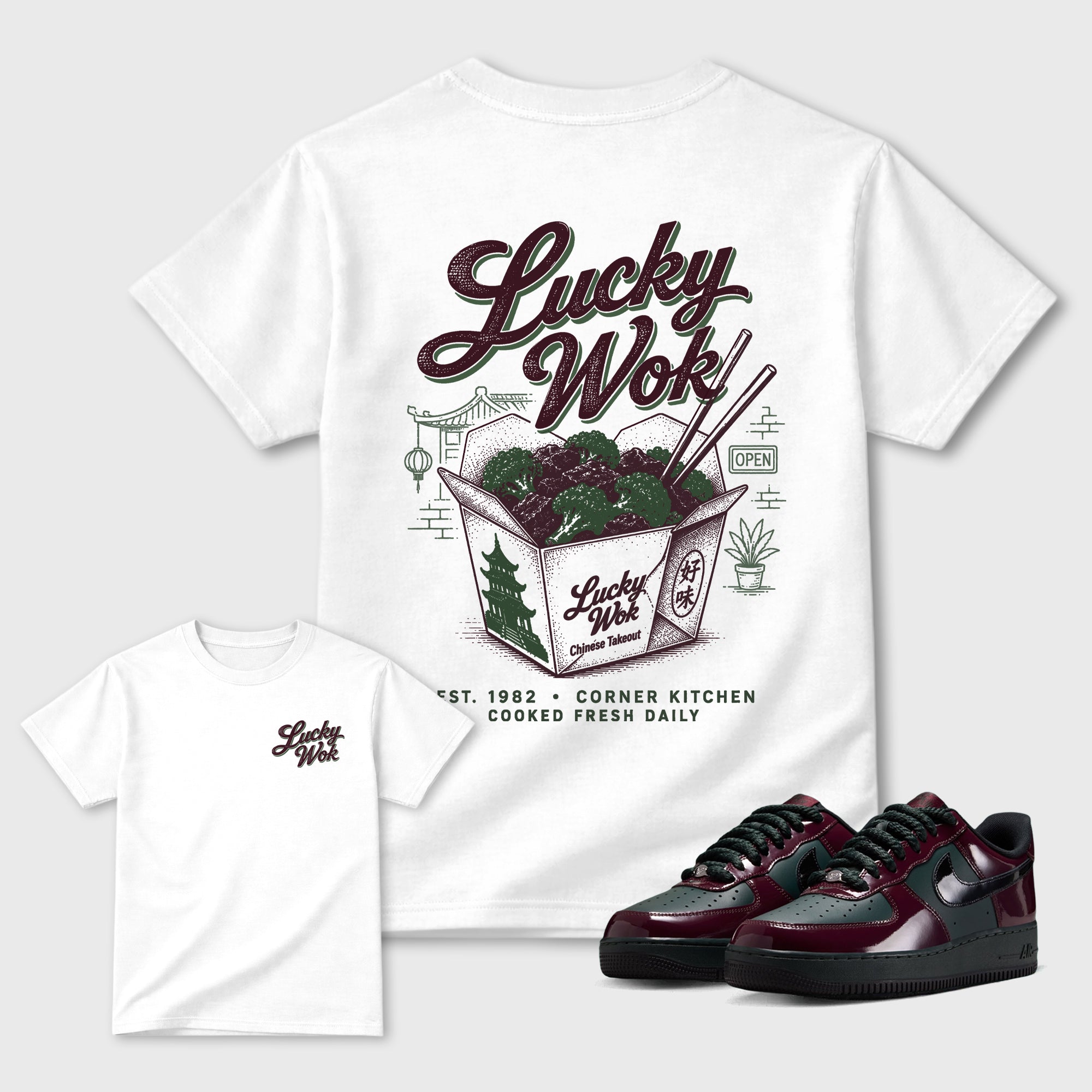 Lucky Wok Graphic T-Shirt featuring original streetwear artwork designed to match the . White Graphic T-Shirt.