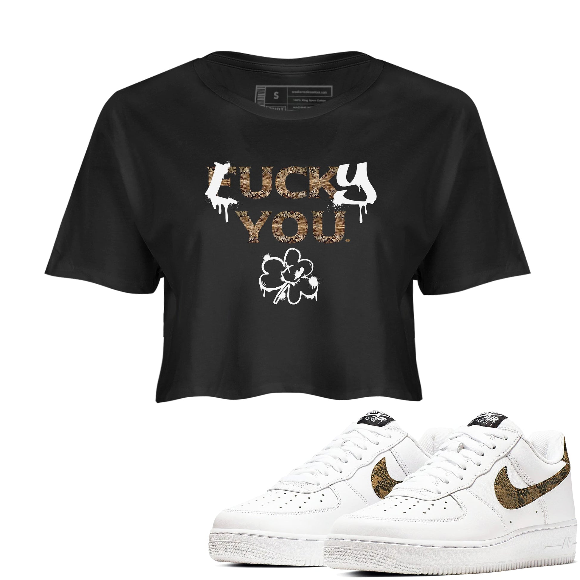 AF1 Ivory Snake shirt to match jordans Lucky You sneaker tees Air Force1 Ivory Snake SNRT Sneaker Release Tees Black 1 crop length shirt