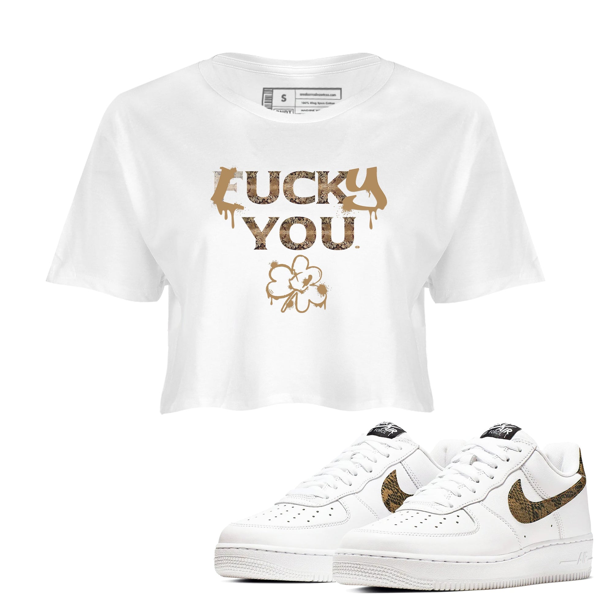 AF1 Ivory Snake shirt to match jordans Lucky You sneaker tees Air Force1 Ivory Snake SNRT Sneaker Release Tees White 1 crop length shirt