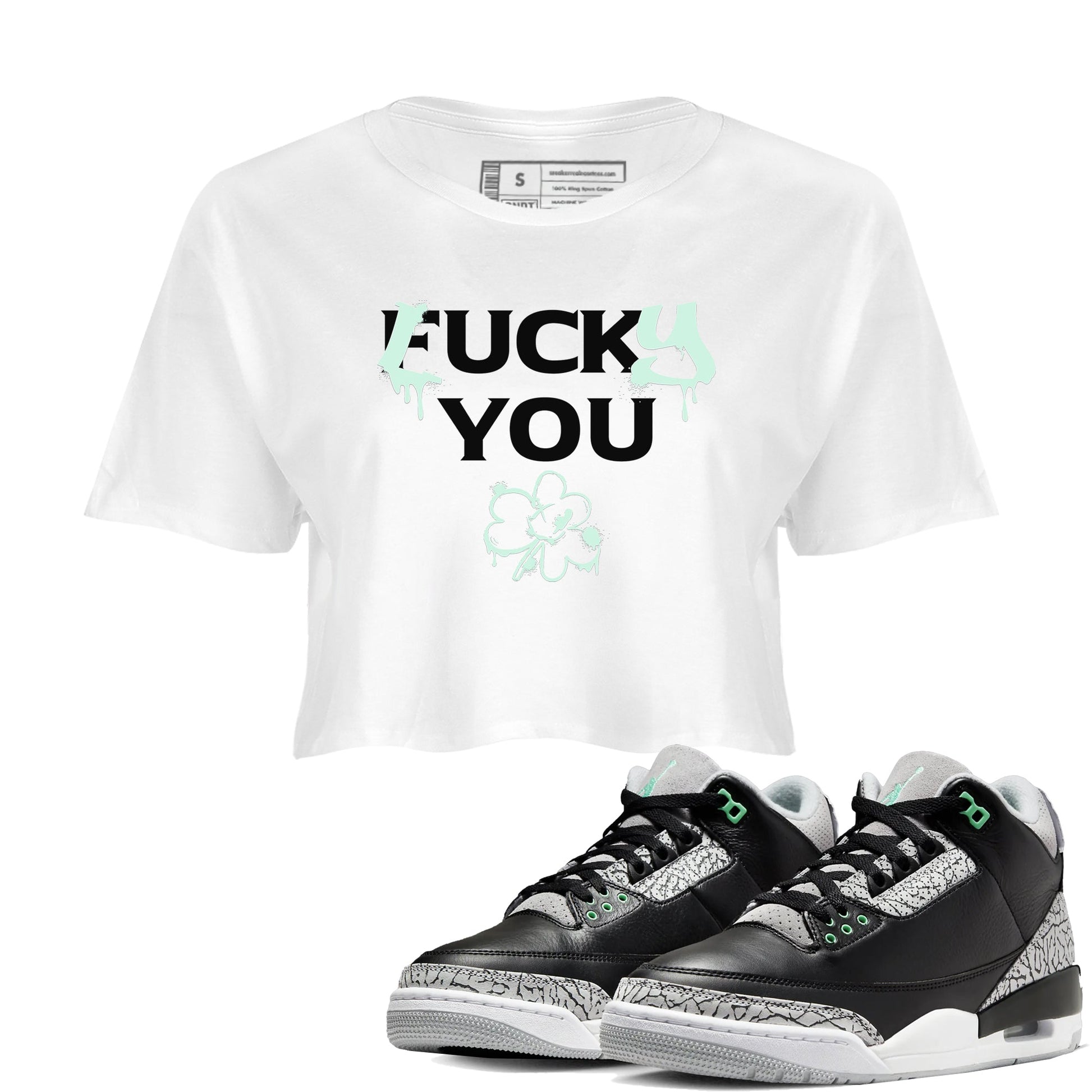 3s Green Glow shirt to match jordans Lucky You sneaker tees Air Jordan 3 Green Glow SNRT Sneaker Release Tees White 1 crop length shirt