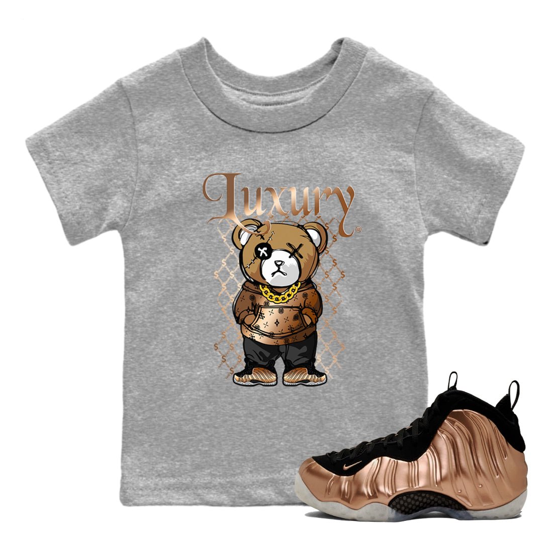 Foams One Metallic Copper shirts to match jordans Luxury Bear sneaker match tees Air Foamposite One Metallic Copper match shoes to clothes SNRT Sneaker Tees Youth Baby Heather Grey 1 tee