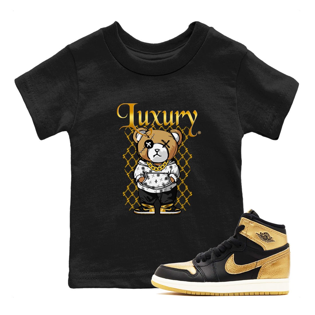 1s Black Metallic Gold shirts to match jordans Luxury Bear sneaker match tees Air Jordan 1 Black Metallic Gold SNRT Sneaker Tees streetwear brand Baby and Youth Black 1 cotton tee
