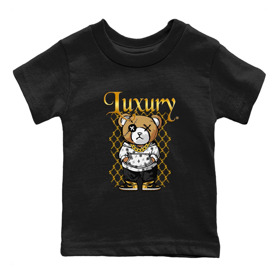 1s Black Metallic Gold shirts to match jordans Luxury Bear sneaker match tees Air Jordan 1 Black Metallic Gold SNRT Sneaker Tees streetwear brand Baby and Youth Black 2 cotton tee