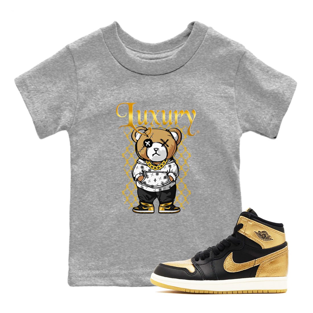 1s Black Metallic Gold shirts to match jordans Luxury Bear sneaker match tees Air Jordan 1 Black Metallic Gold SNRT Sneaker Tees streetwear brand Baby and Youth Heather Grey 1 cotton tee