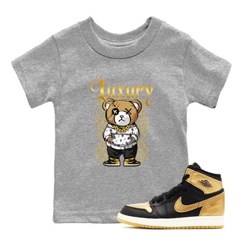 1s Black Metallic Gold shirts to match jordans Luxury Bear sneaker match tees Air Jordan 1 Black Metallic Gold SNRT Sneaker Tees streetwear brand Baby and Youth Heather Grey 1 cotton tee
