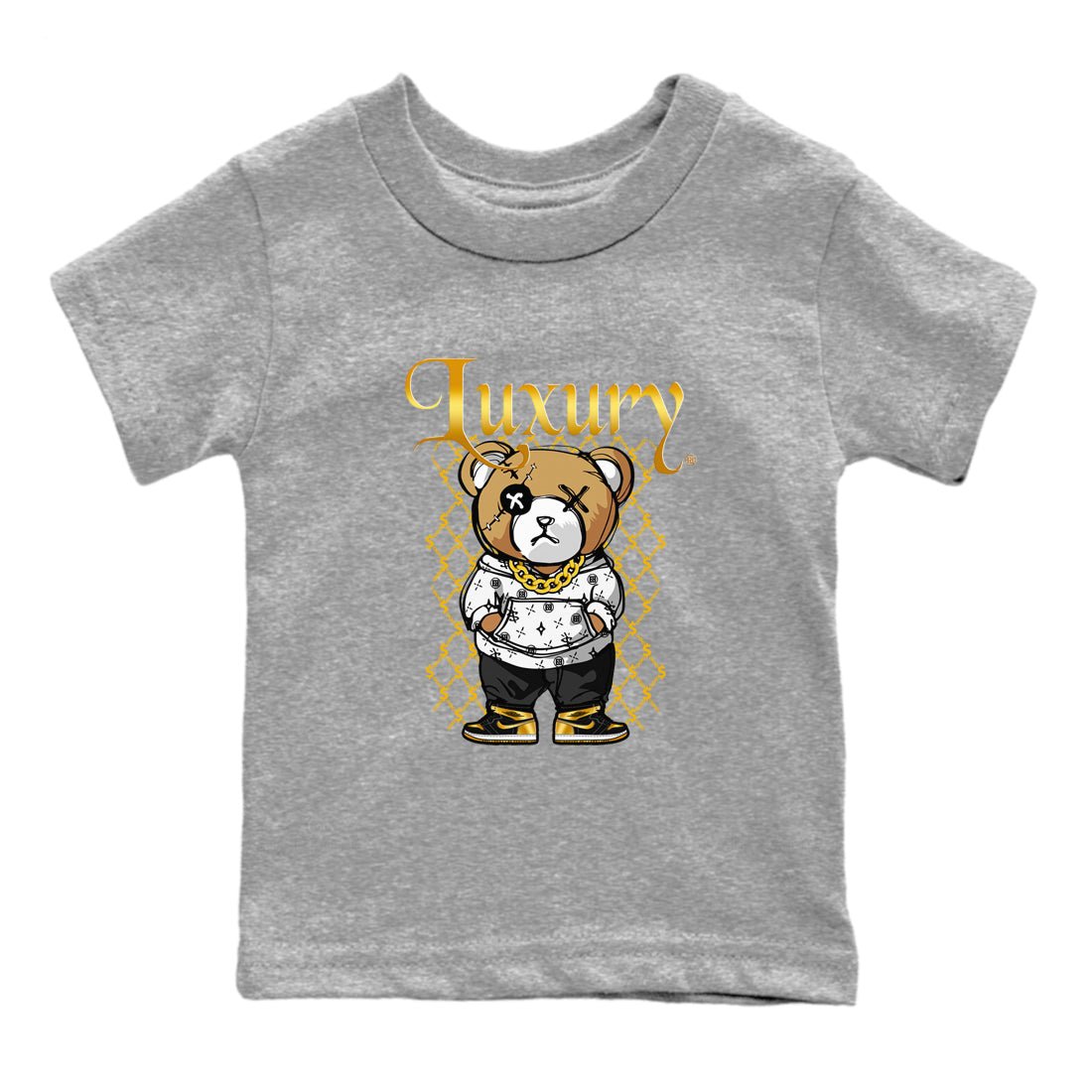 1s Black Metallic Gold shirts to match jordans Luxury Bear sneaker match tees Air Jordan 1 Black Metallic Gold SNRT Sneaker Tees streetwear brand Baby and Youth Heather Grey 2 cotton tee