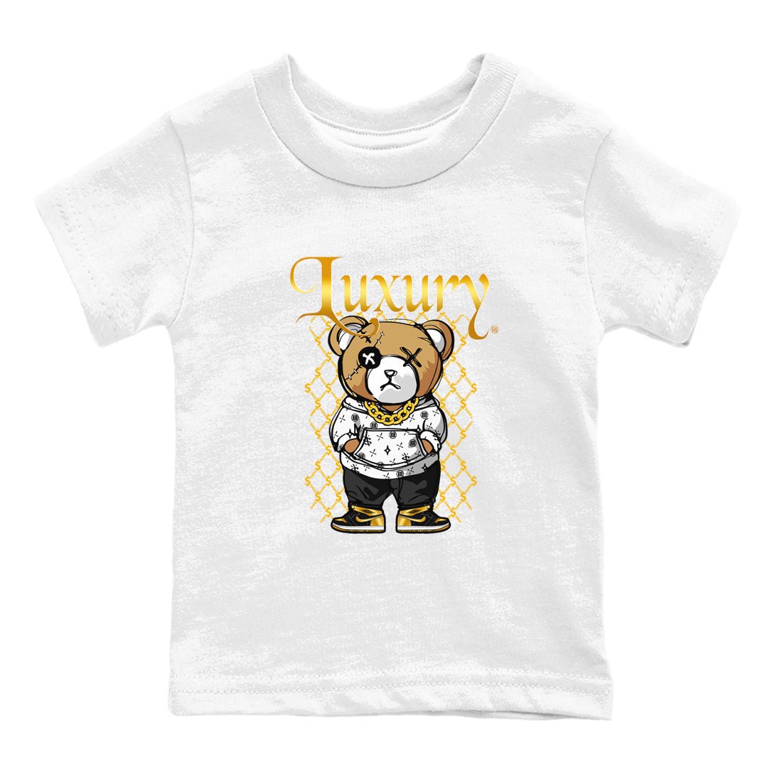 1s Black Metallic Gold shirts to match jordans Luxury Bear sneaker match tees Air Jordan 1 Black Metallic Gold SNRT Sneaker Tees streetwear brand Baby and Youth White 2 cotton tee