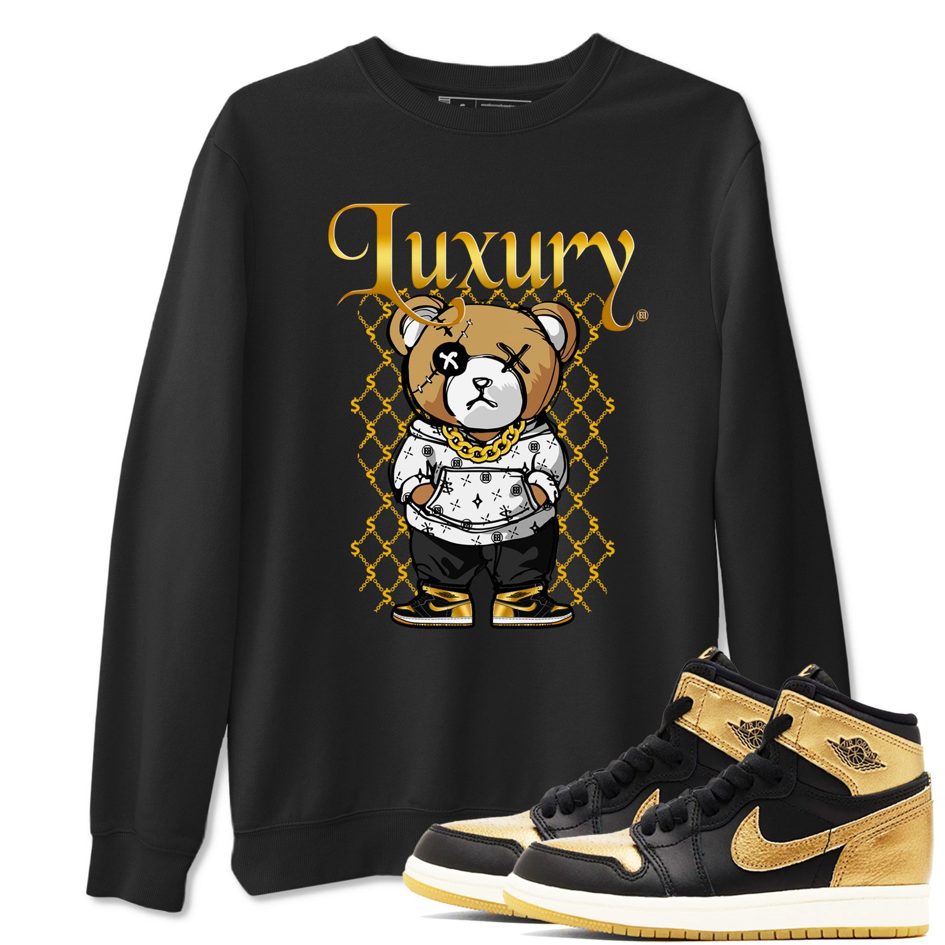 1s Black Metallic Gold shirts to match jordans Luxury Bear sneaker match tees Air Jordan 1 Black Metallic Gold SNRT Sneaker Tees streetwear brand Black 1 unisex cotton tee