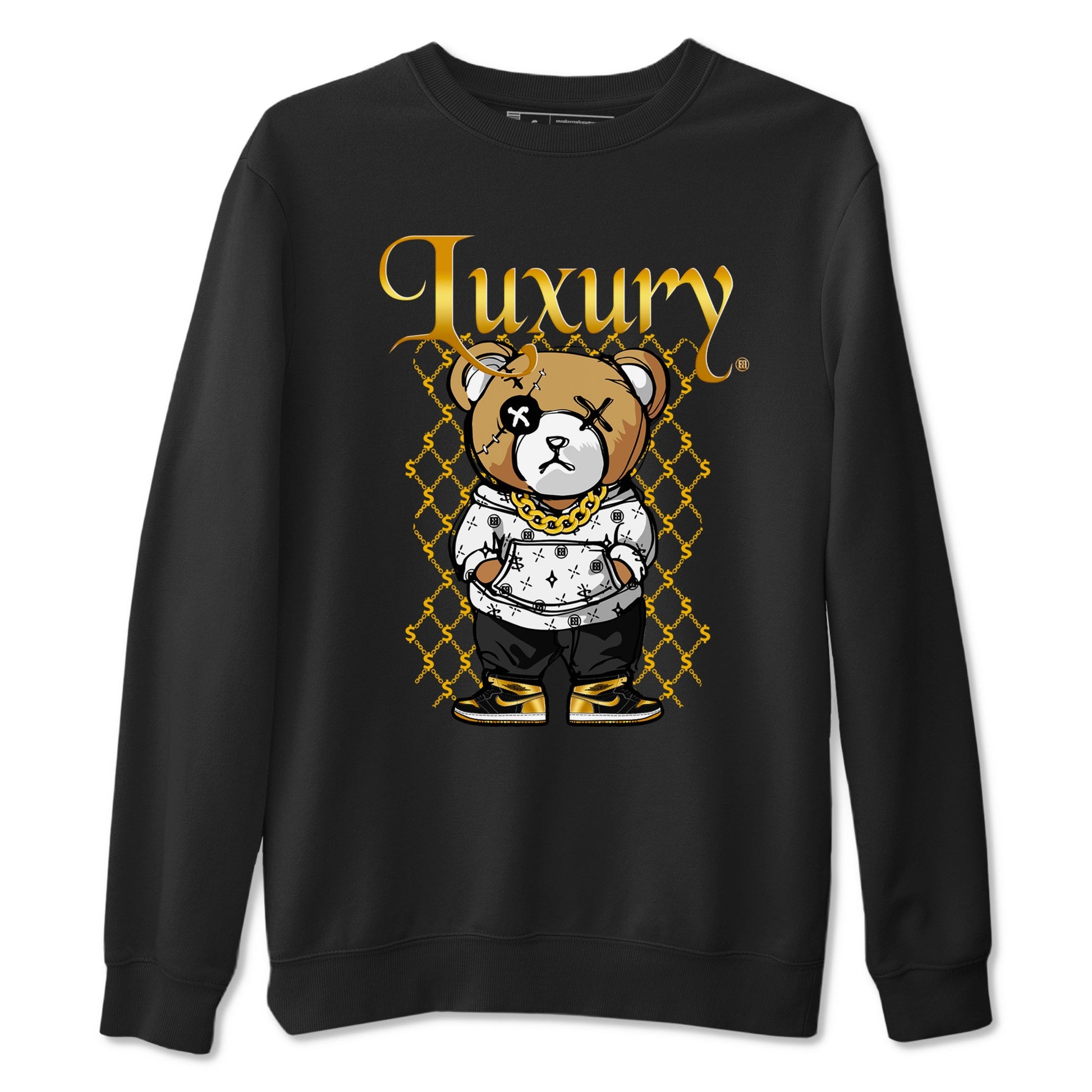 1s Black Metallic Gold shirts to match jordans Luxury Bear sneaker match tees Air Jordan 1 Black Metallic Gold SNRT Sneaker Tees streetwear brand Black 2 unisex cotton tee