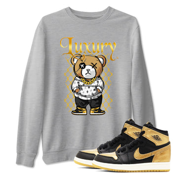 1s Black Metallic Gold shirts to match jordans Luxury Bear sneaker match tees Air Jordan 1 Black Metallic Gold SNRT Sneaker Tees streetwear brand Heather Grey 1 unisex cotton tee