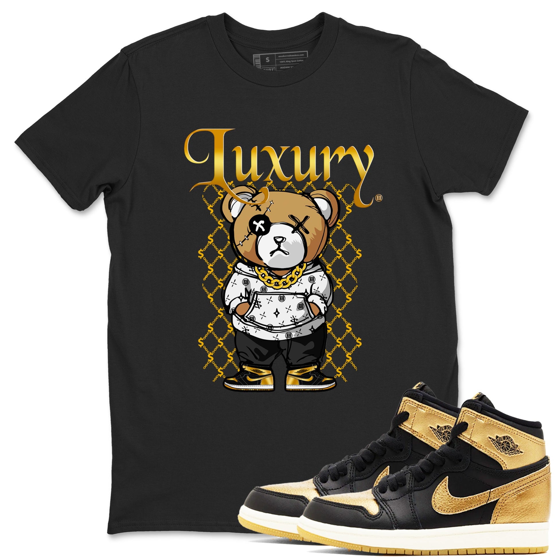 1s Black Metallic Gold shirts to match jordans Luxury Bear sneaker match tees Air Jordan 1 Black Metallic Gold SNRT Sneaker Tees streetwear brand Black 1 unisex cotton tee