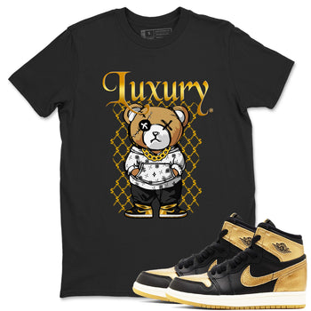 1s Black Metallic Gold shirts to match jordans Luxury Bear sneaker match tees Air Jordan 1 Black Metallic Gold SNRT Sneaker Tees streetwear brand Black 1 unisex cotton tee