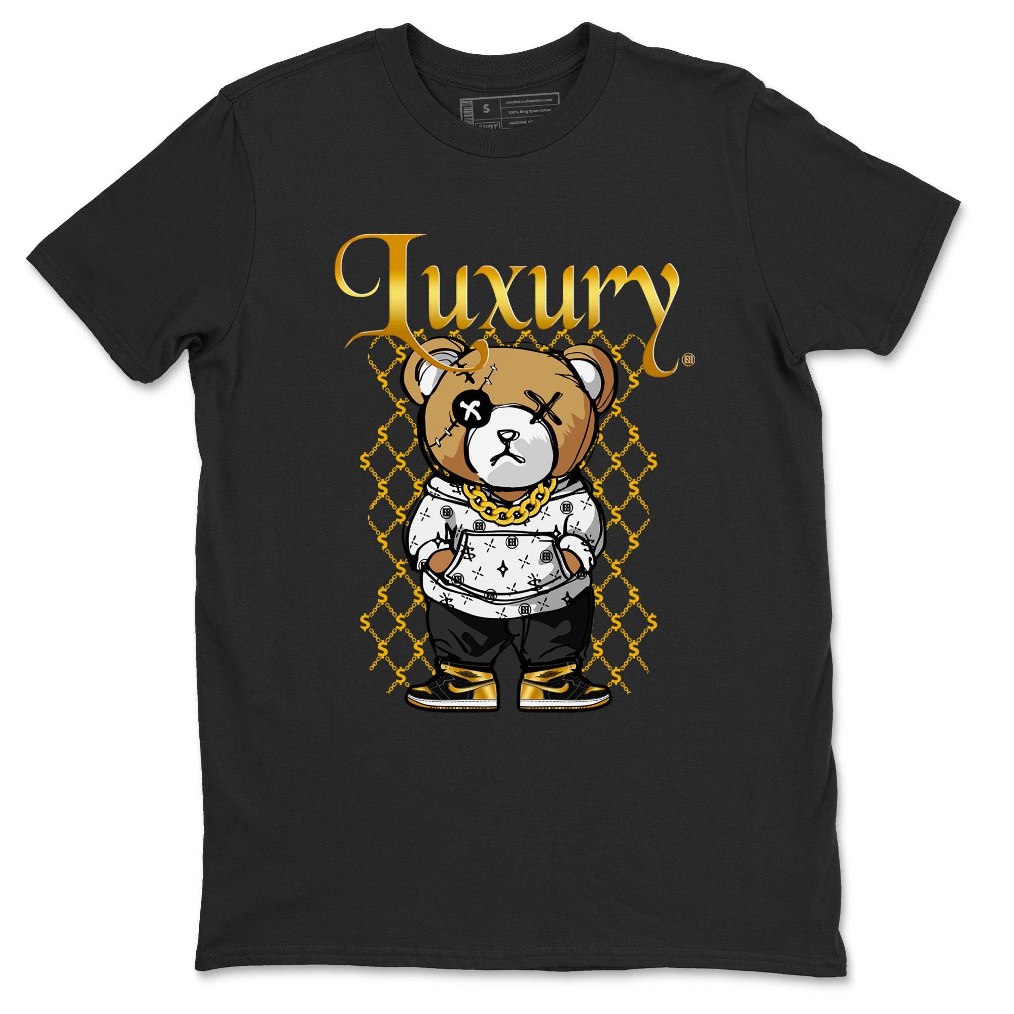 1s Black Metallic Gold shirts to match jordans Luxury Bear sneaker match tees Air Jordan 1 Black Metallic Gold SNRT Sneaker Tees streetwear brand Black 2 unisex cotton tee