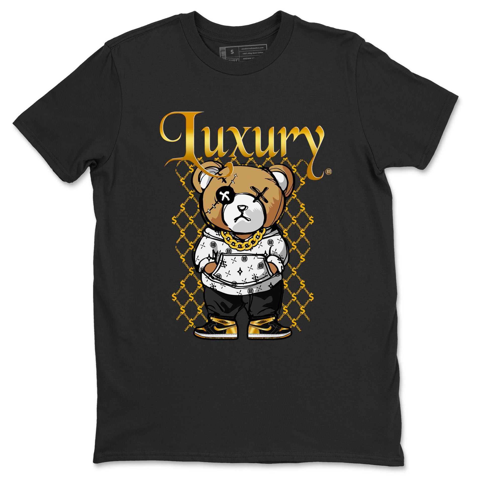 1s Black Metallic Gold shirts to match jordans Luxury Bear sneaker match tees Air Jordan 1 Black Metallic Gold SNRT Sneaker Tees streetwear brand Black 2 unisex cotton tee