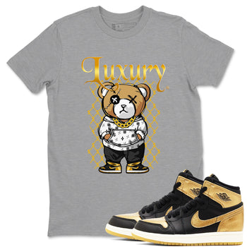 1s Black Metallic Gold shirts to match jordans Luxury Bear sneaker match tees Air Jordan 1 Black Metallic Gold SNRT Sneaker Tees streetwear brand Heather Grey 1 unisex cotton tee