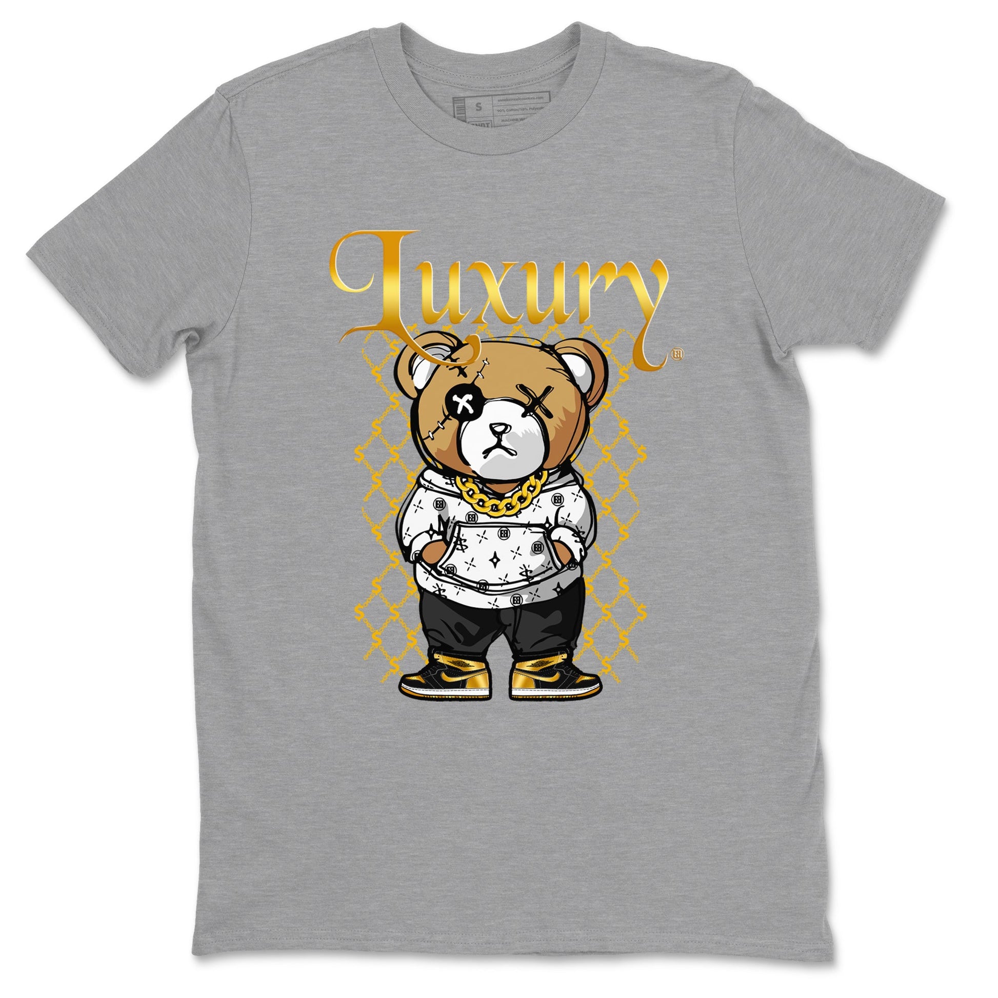 1s Black Metallic Gold shirts to match jordans Luxury Bear sneaker match tees Air Jordan 1 Black Metallic Gold SNRT Sneaker Tees streetwear brand Heather Grey 2 unisex cotton tee