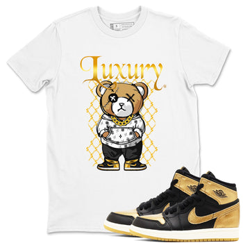 1s Black Metallic Gold shirts to match jordans Luxury Bear sneaker match tees Air Jordan 1 Black Metallic Gold SNRT Sneaker Tees streetwear brand White 1 unisex cotton tee