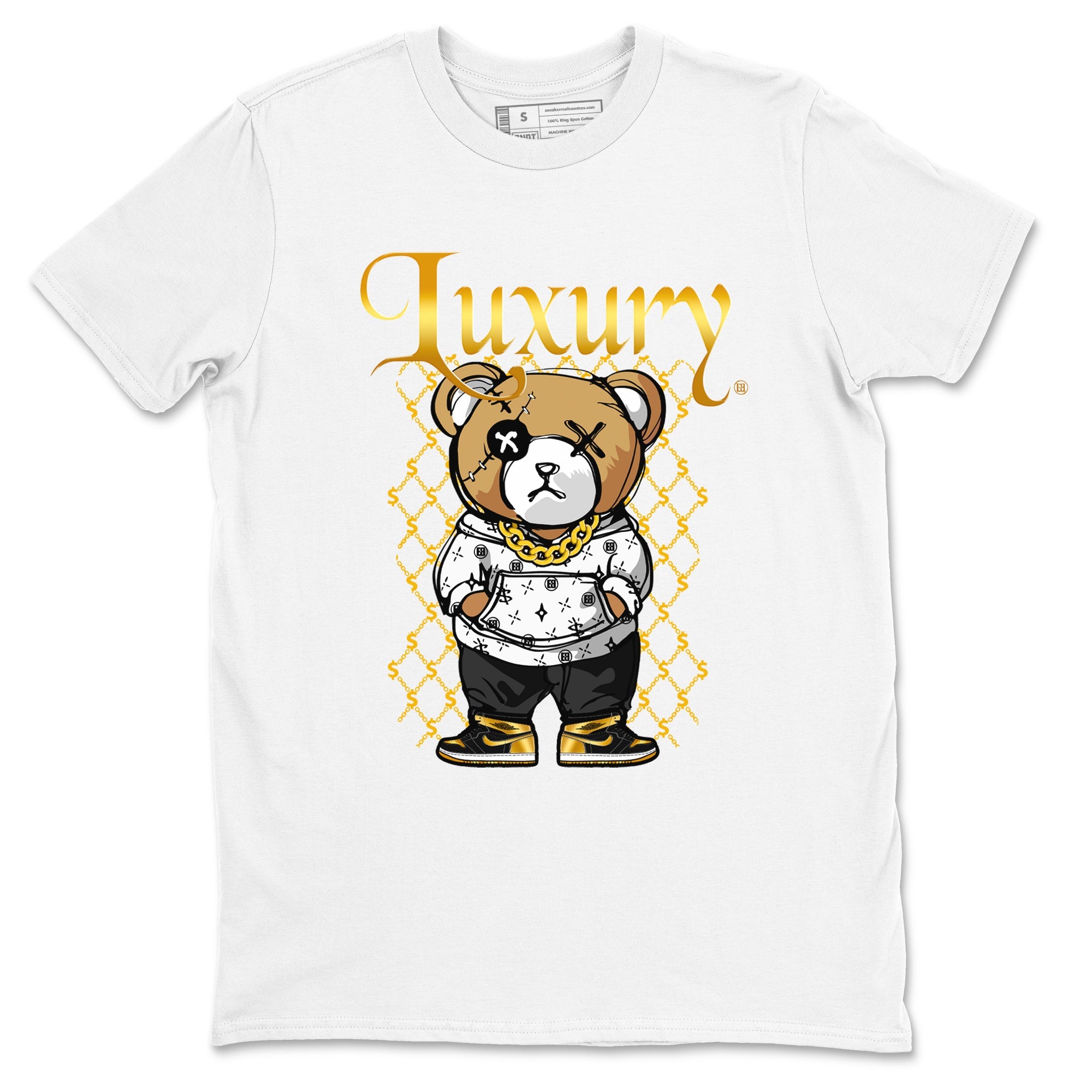 1s Black Metallic Gold shirts to match jordans Luxury Bear sneaker match tees Air Jordan 1 Black Metallic Gold SNRT Sneaker Tees streetwear brand White 2 unisex cotton tee