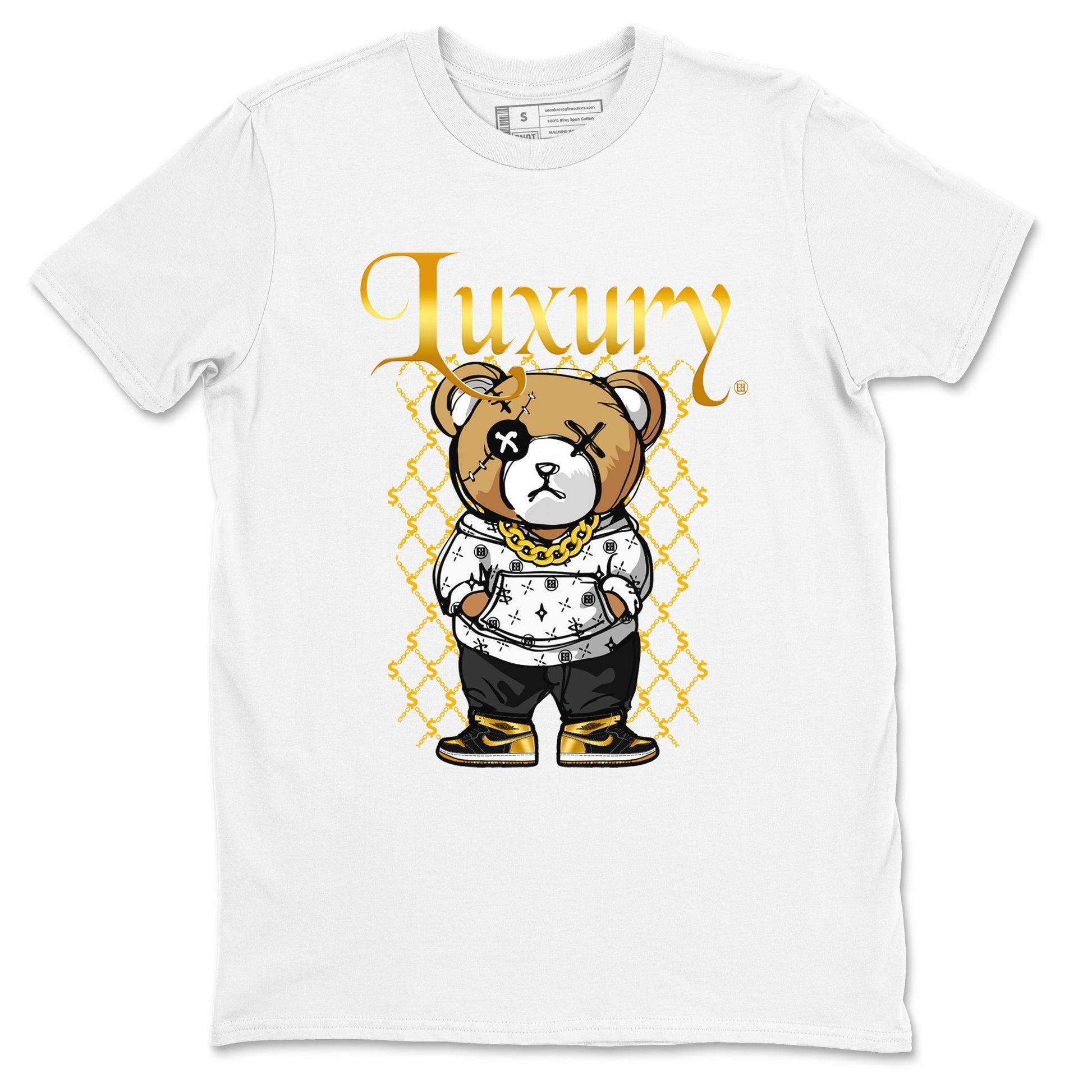 1s Black Metallic Gold shirts to match jordans Luxury Bear sneaker match tees Air Jordan 1 Black Metallic Gold SNRT Sneaker Tees streetwear brand White 2 unisex cotton tee