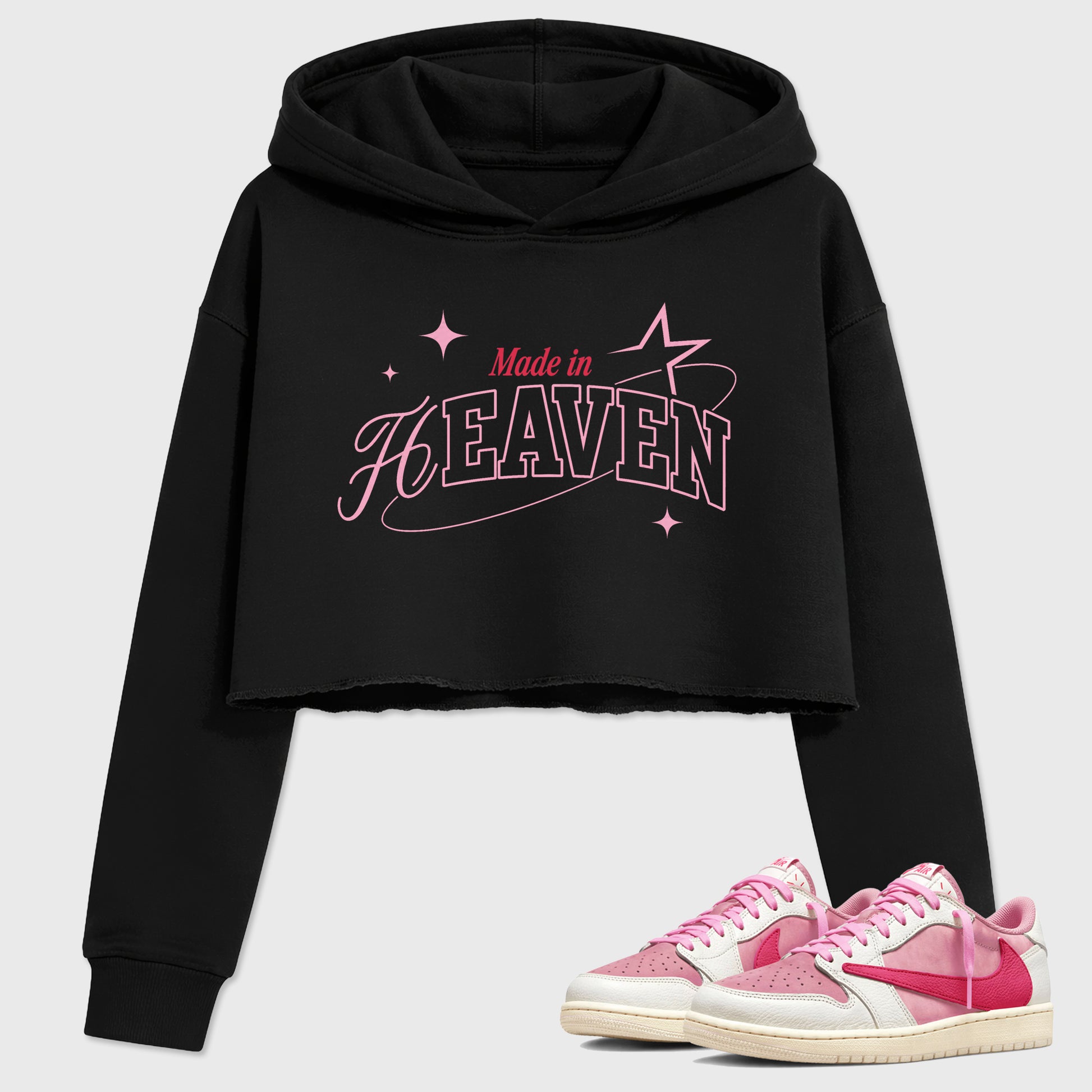 Sneaker match tees – Sneaker Tees To Match Air Jordan 1 Travis Scott Tropical Pink Shoes – Made in Heaven Crop T-Shirt Black 1