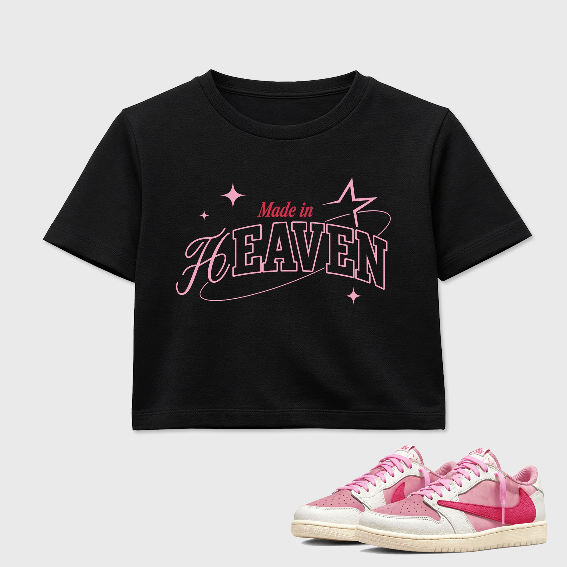 Sneaker match tees – Sneaker Tees To Match Air Jordan 1 Travis Scott Tropical Pink Shoes – Made in Heaven Crop T-Shirt Black 1