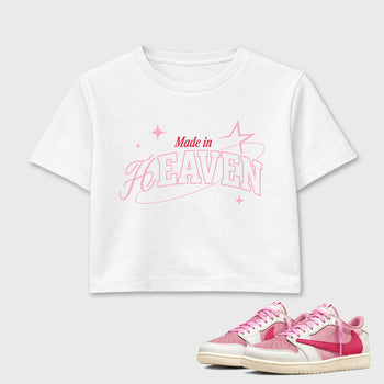 Sneaker match tees – Sneaker Tees To Match Air Jordan 1 Travis Scott Tropical Pink Shoes – Made in Heaven Crop T-Shirt White 1
