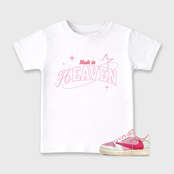 Sneaker match tees – Sneaker Tees To Match Air Jordan 1 Travis Scott Tropical Pink Shoes – Made in Heaven Kids T-Shirt White 1