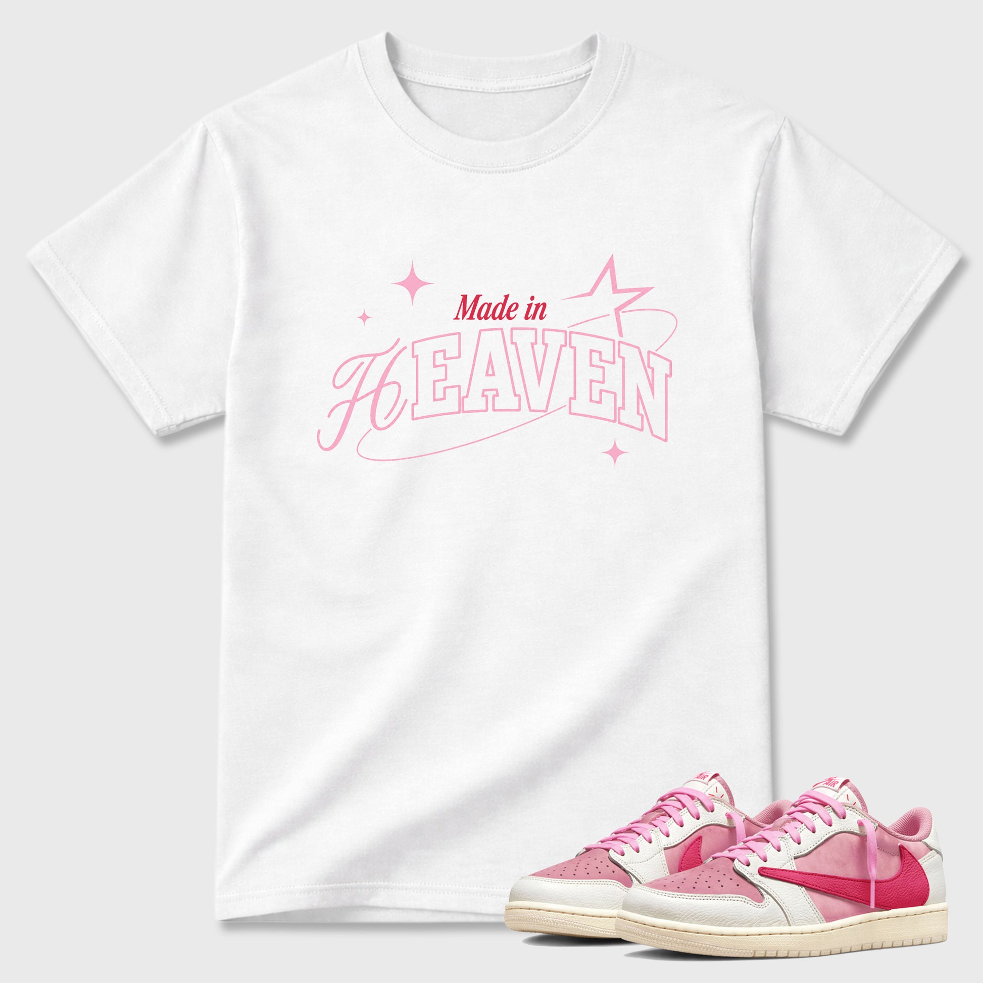 Sneaker match tees – Sneaker Tees To Match Air Jordan 1 Travis Scott Tropical Pink Shoes – Made in Heaven Tee White 1
