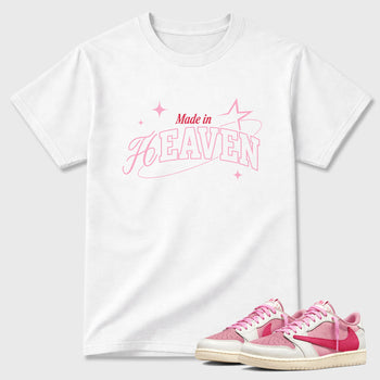 Sneaker match tees – Sneaker Tees To Match Air Jordan 1 Travis Scott Tropical Pink Shoes – Made in Heaven Tee White 1