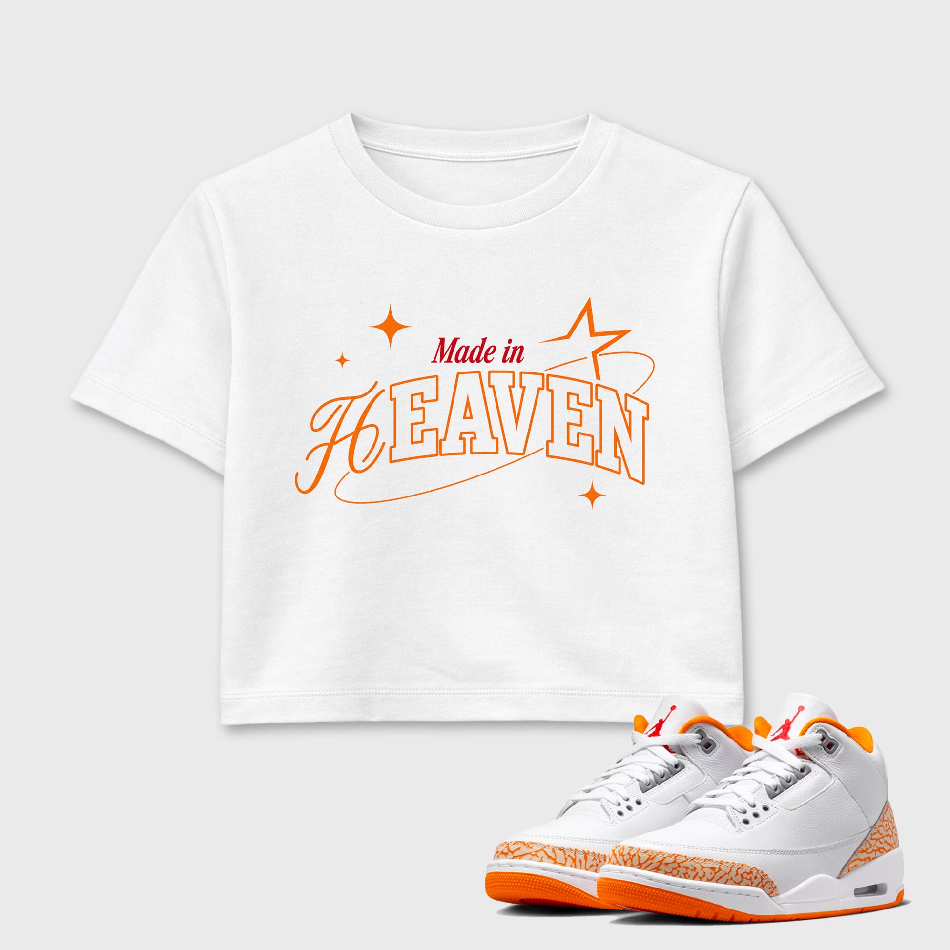 Sneaker match tees – Sneaker Tees To Match Air Jordan 3 Orange Citrus Shoes – Made in Heaven Crop T-Shirt White 1