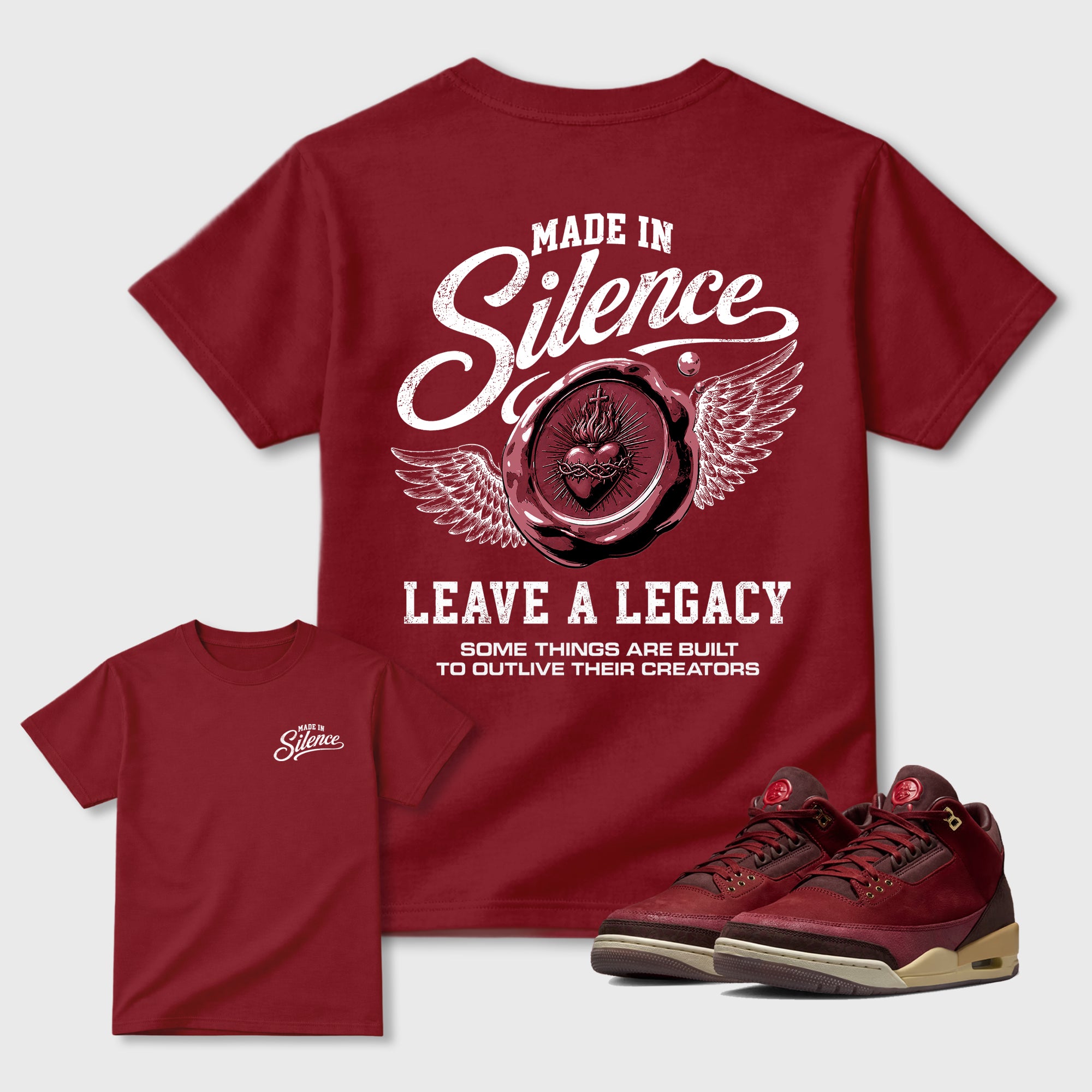 Made in Silence Graphic T-Shirt sneaker match tee designed for the Air Jordan 3 Bin 23 sneakers, featuring coordinated color options for a perfect streetwear match. Cardinal shirt.