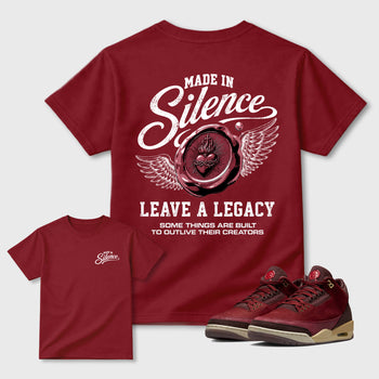 Made in Silence Graphic T-Shirt sneaker match tee designed for the Air Jordan 3 Bin 23 sneakers, featuring coordinated color options for a perfect streetwear match. Cardinal shirt.