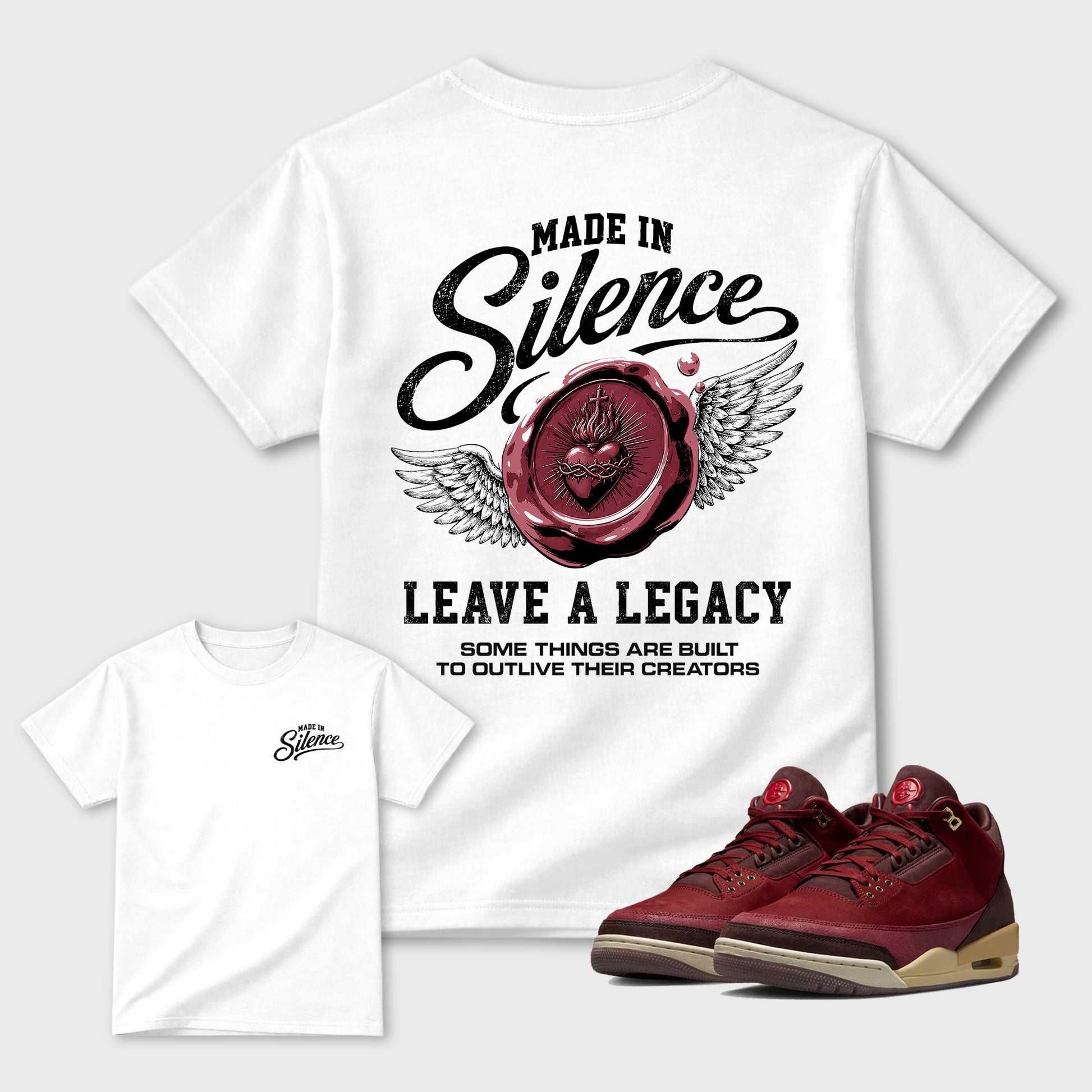 Made in Silence Graphic T-Shirt sneaker match tee designed for the 3s Burgundy Crush, featuring coordinated color options for a perfect streetwear match. White shirt.