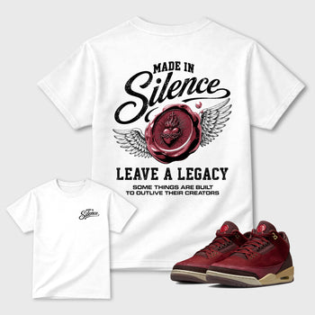 Made in Silence Graphic T-Shirt sneaker match tee designed for the 3s Burgundy Crush, featuring coordinated color options for a perfect streetwear match. White shirt.