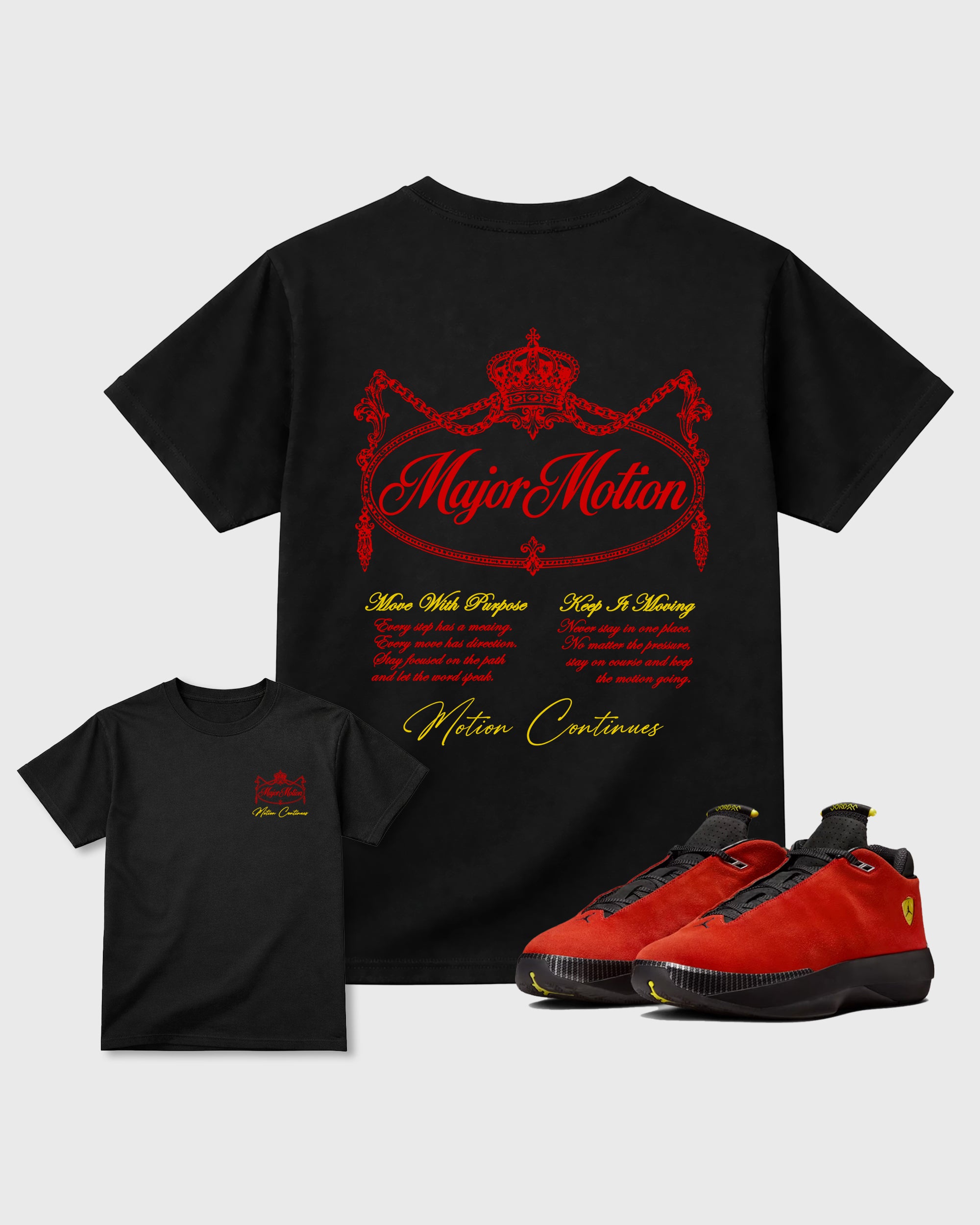 Major Motion Black Graphic T-Shirt - 1, sneaker matching tee designed to match Air Jordan 40 "14" Challenge Red and ferrari sneakers for a coordinated sneaker outfit.