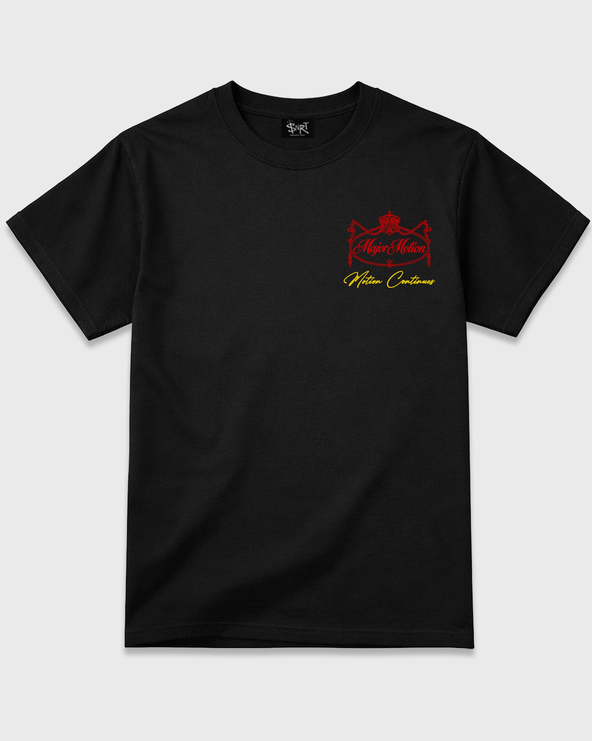 Major Motion Black Graphic T-Shirt - 3, sneaker matching shirt designed to pair with Air Jordan 40 "14" Challenge Red and ferrari sneakers for a coordinated streetwear outfit.