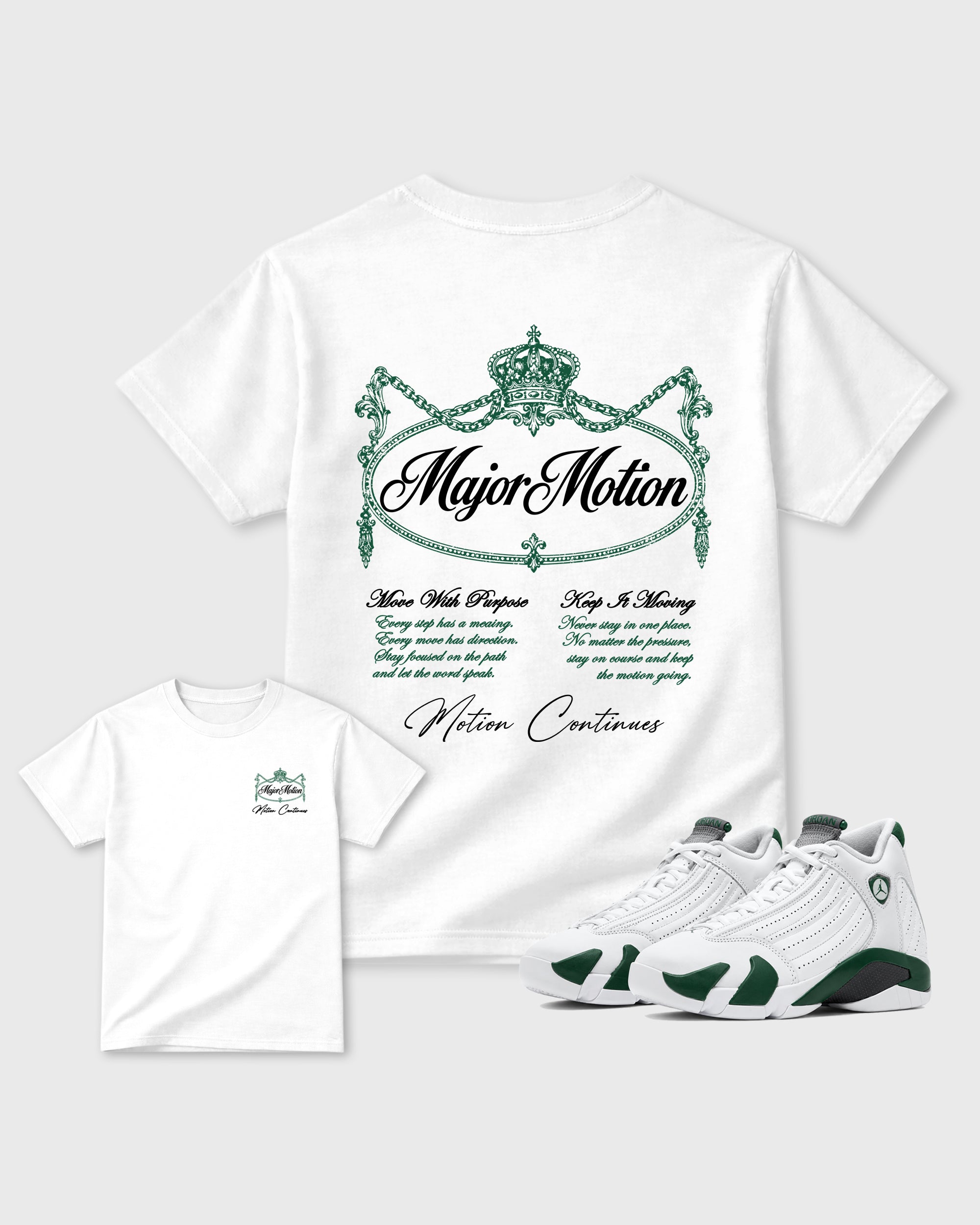 Major Motion White Graphic T-Shirt - 1, sneaker matching tee designed to match AJ14 Forest Green sneakers for a coordinated sneaker outfit.