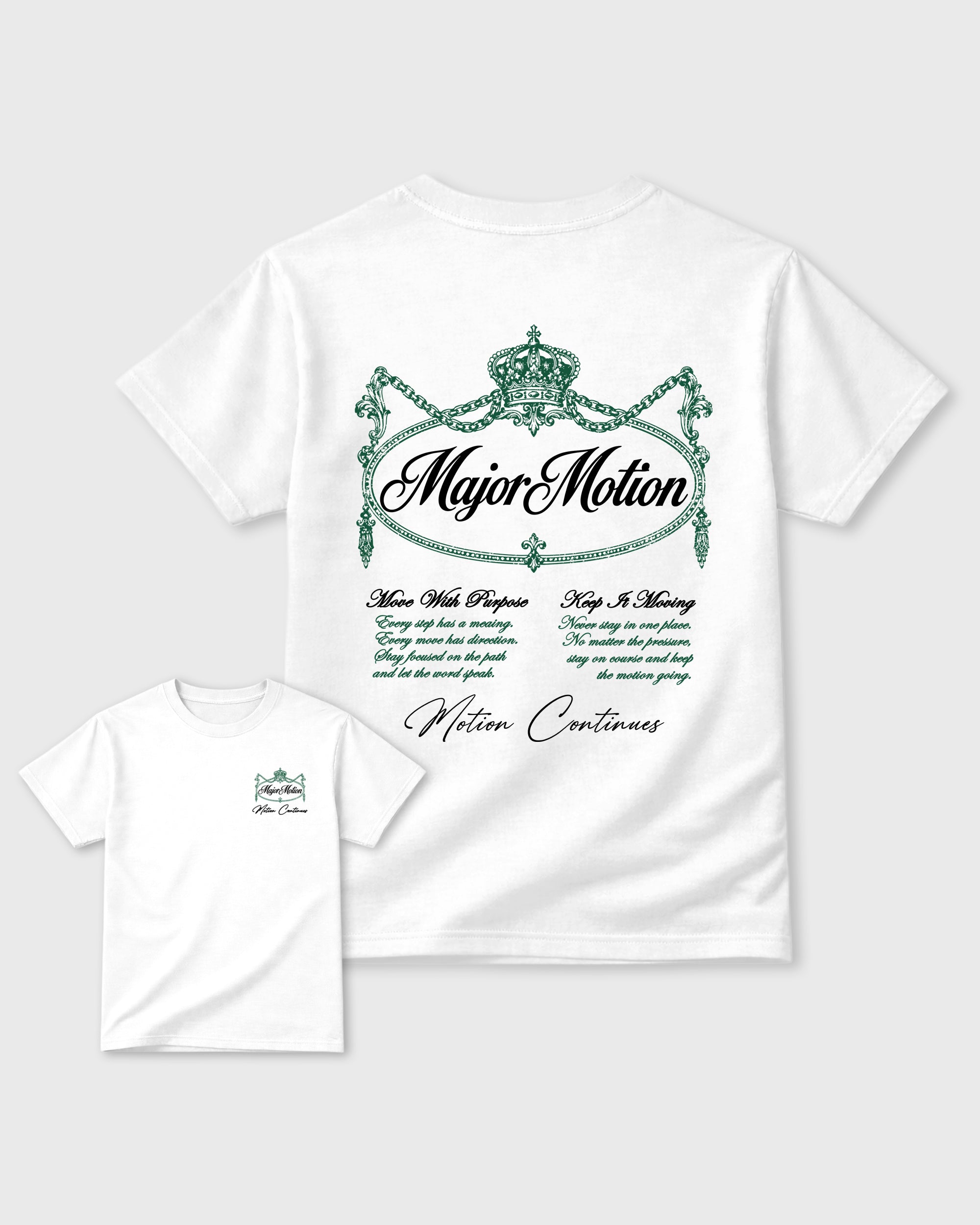 Major Motion White Graphic T-Shirt - 3, sneaker matching shirt designed to pair with AJ14 Forest Green sneakers for a coordinated streetwear outfit.