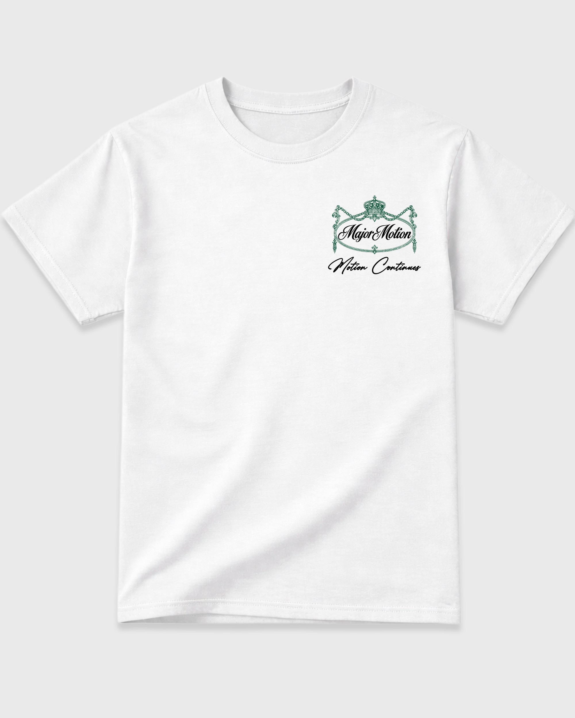 Major Motion White Graphic T-Shirt - 3, sneaker matching shirt designed to pair with AJ14 Forest Green sneakers for a coordinated streetwear outfit.