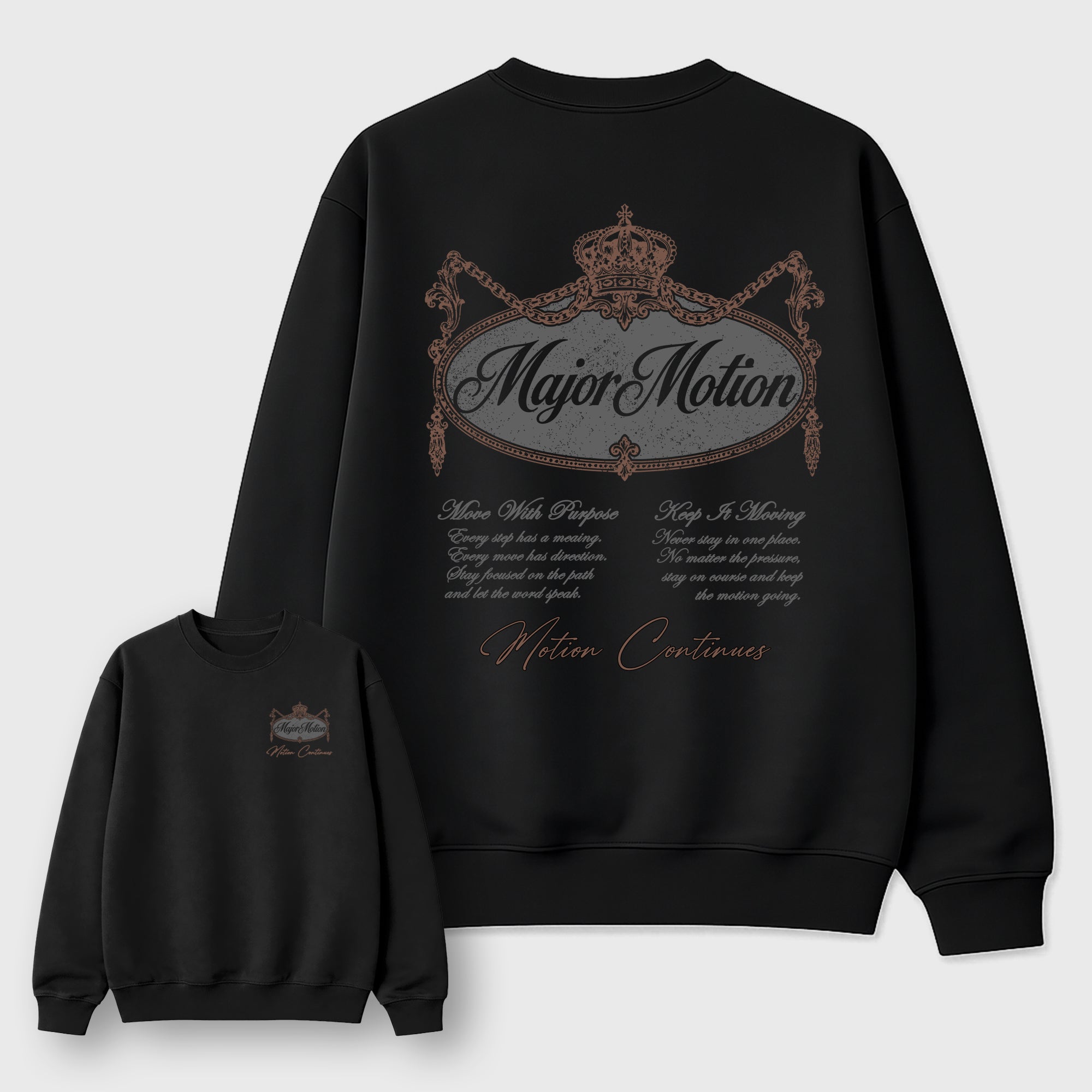 Major Motion Black Graphic Sweatshirt - 1, a sneaker matching sweatshirt designed to coordinate with Air Jordan 4 London sneakers for a complete sneaker outfit.