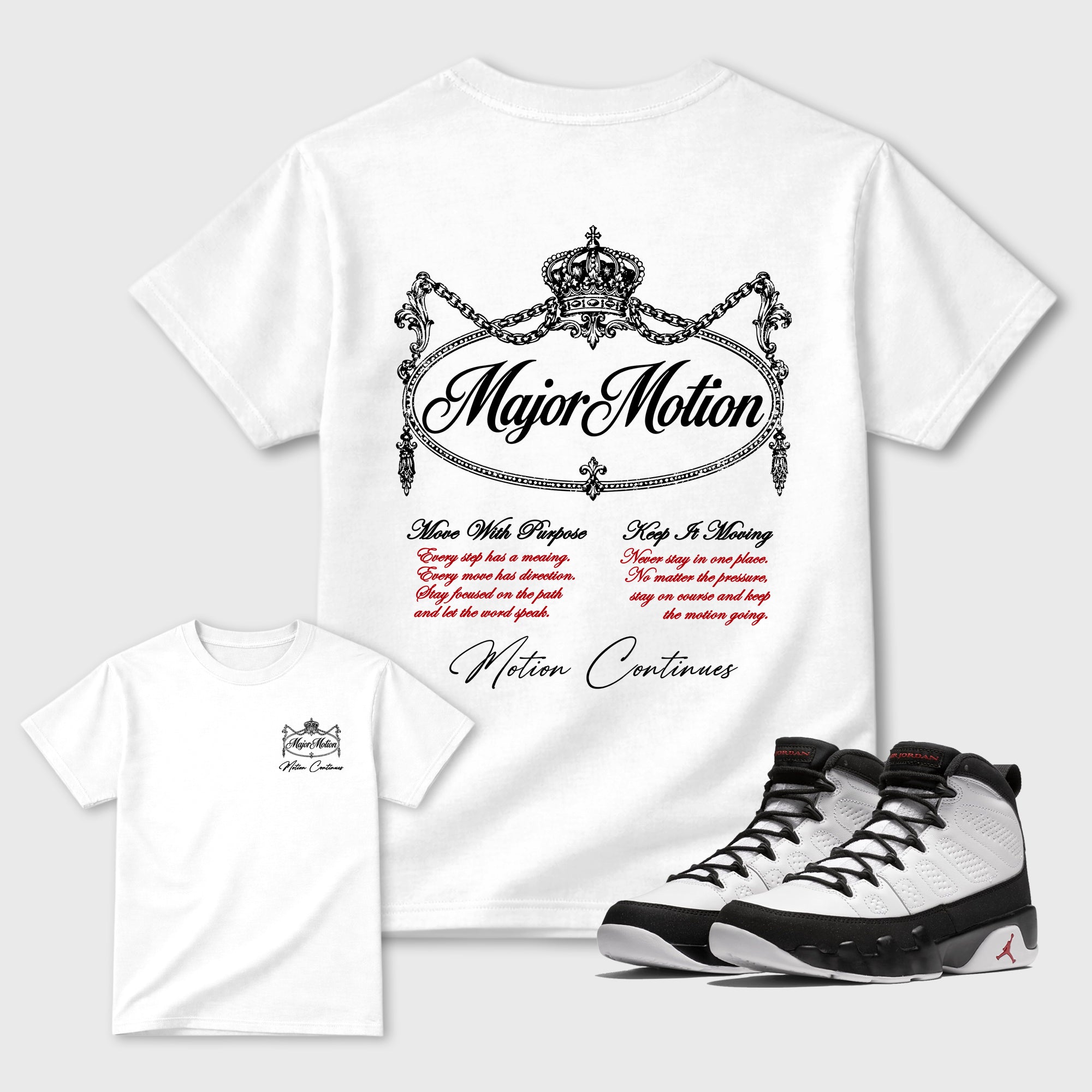 Major Motion White Graphic T-Shirt - 1, sneaker matching tee designed to match Air Jordan 9 Retro "Space Jam" sneakers for a coordinated sneaker outfit.