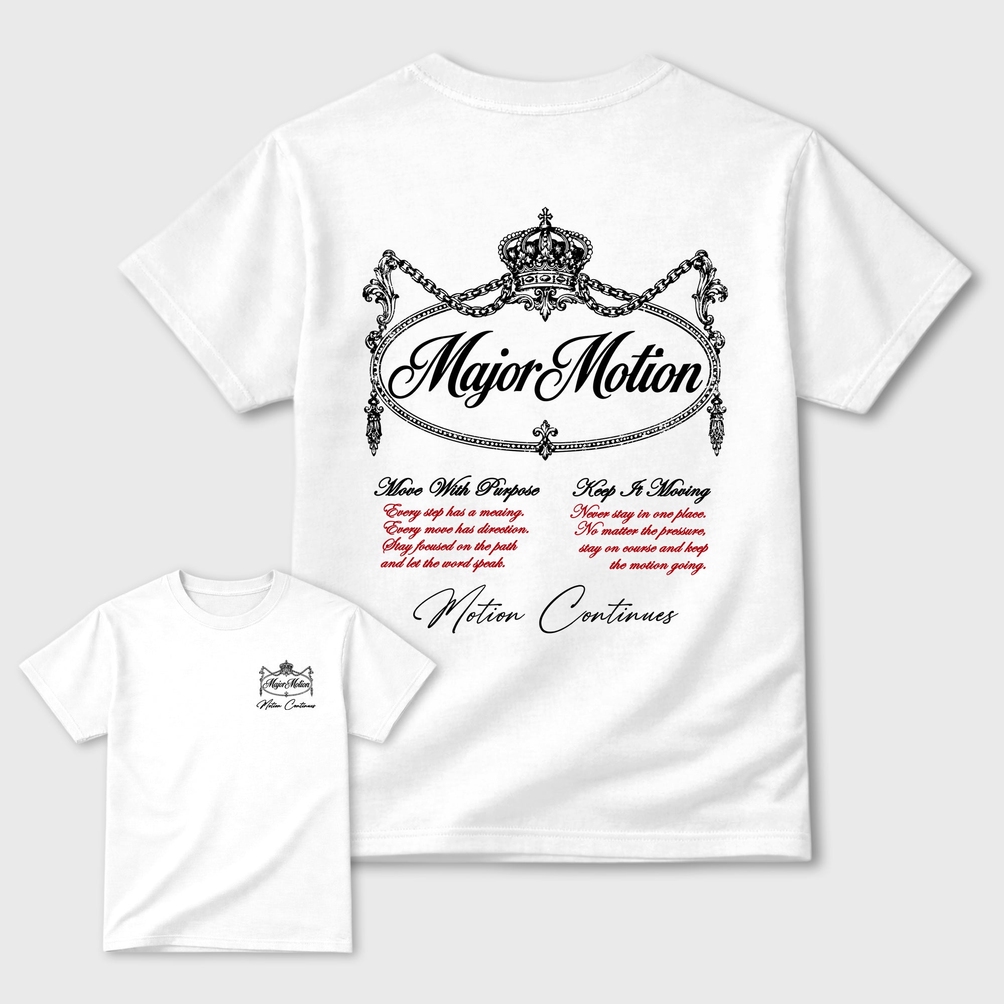 Major Motion White Graphic T-Shirt - 1, sneaker matching tee designed to match Air Jordan 9 Retro "Space Jam" sneakers for a coordinated sneaker outfit.