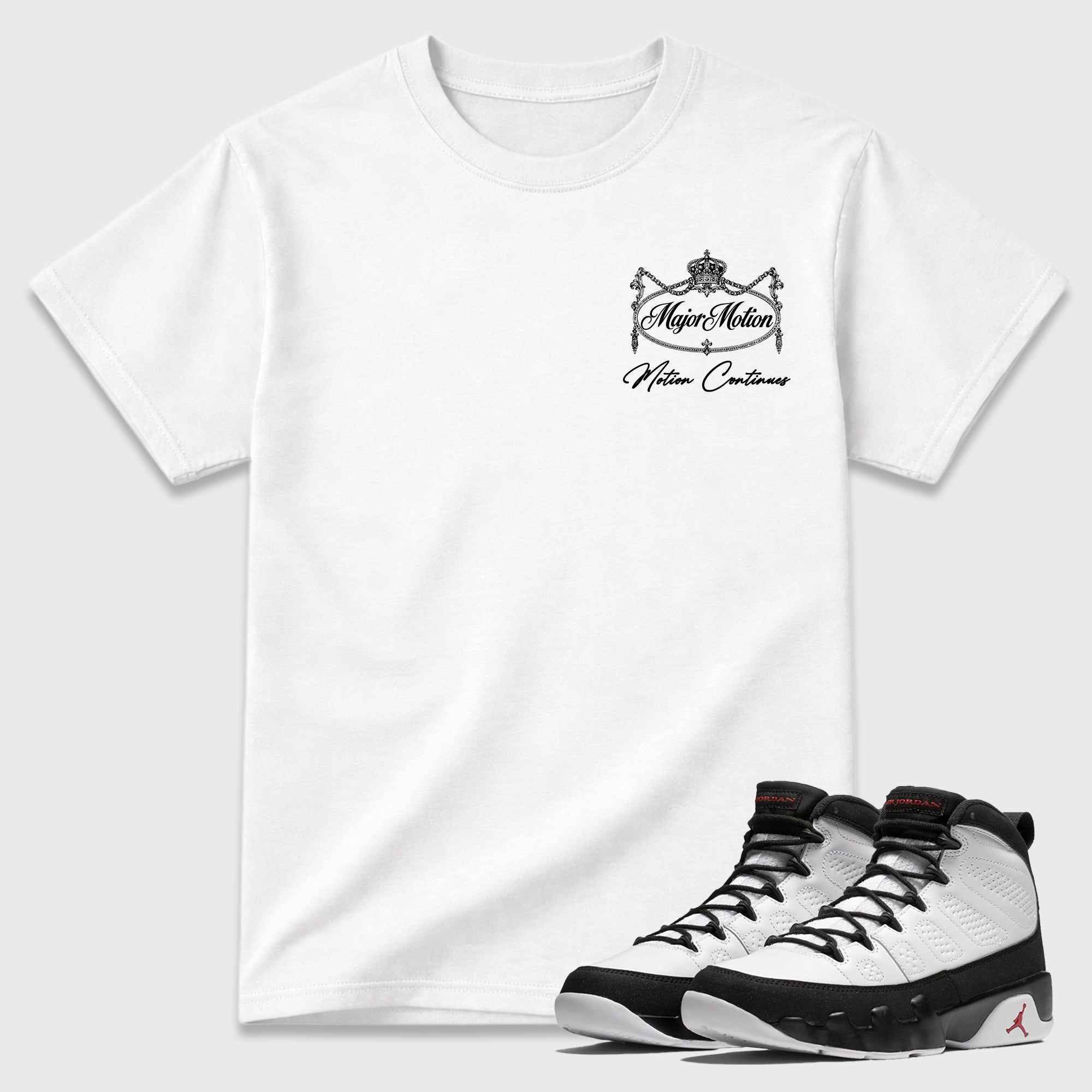Major Motion White Graphic T-Shirt - 2, sneaker tee made to match Air Jordan 9 Retro "Space Jam" sneakers with original graphic artwork for a coordinated sneaker outfit.