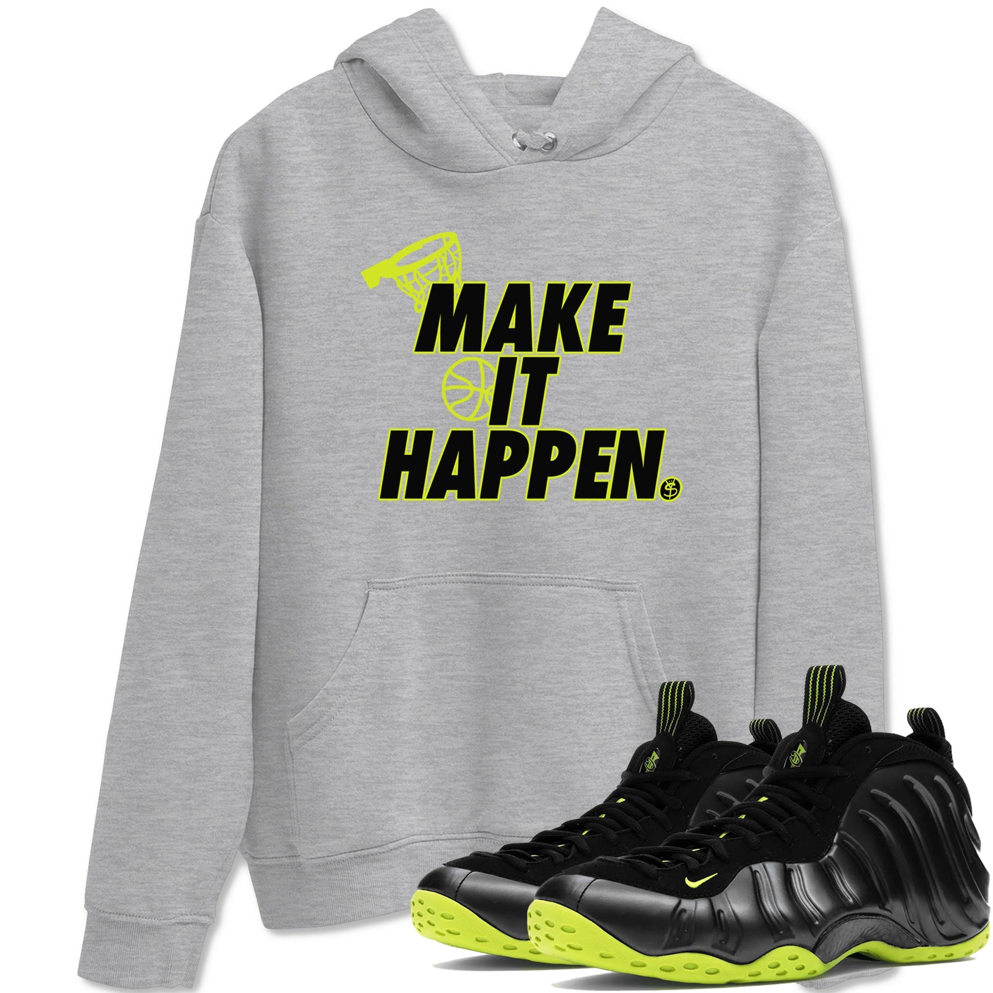 Foams One Black Volt shirts to match jordans Make It Happen sneaker match tees Air Foamposite One Black and Volt match shoes to clothes SNRT Sneaker Tees unisex cotton Heather Grey 1 shirts