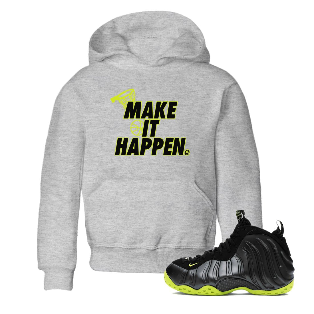 Foams One Black Volt shirts to match jordans Make It Happen sneaker match tees Air Foamposite One Black and Volt match shoes to clothes SNRT Sneaker Tees Youth Baby Heather Grey 1 tee