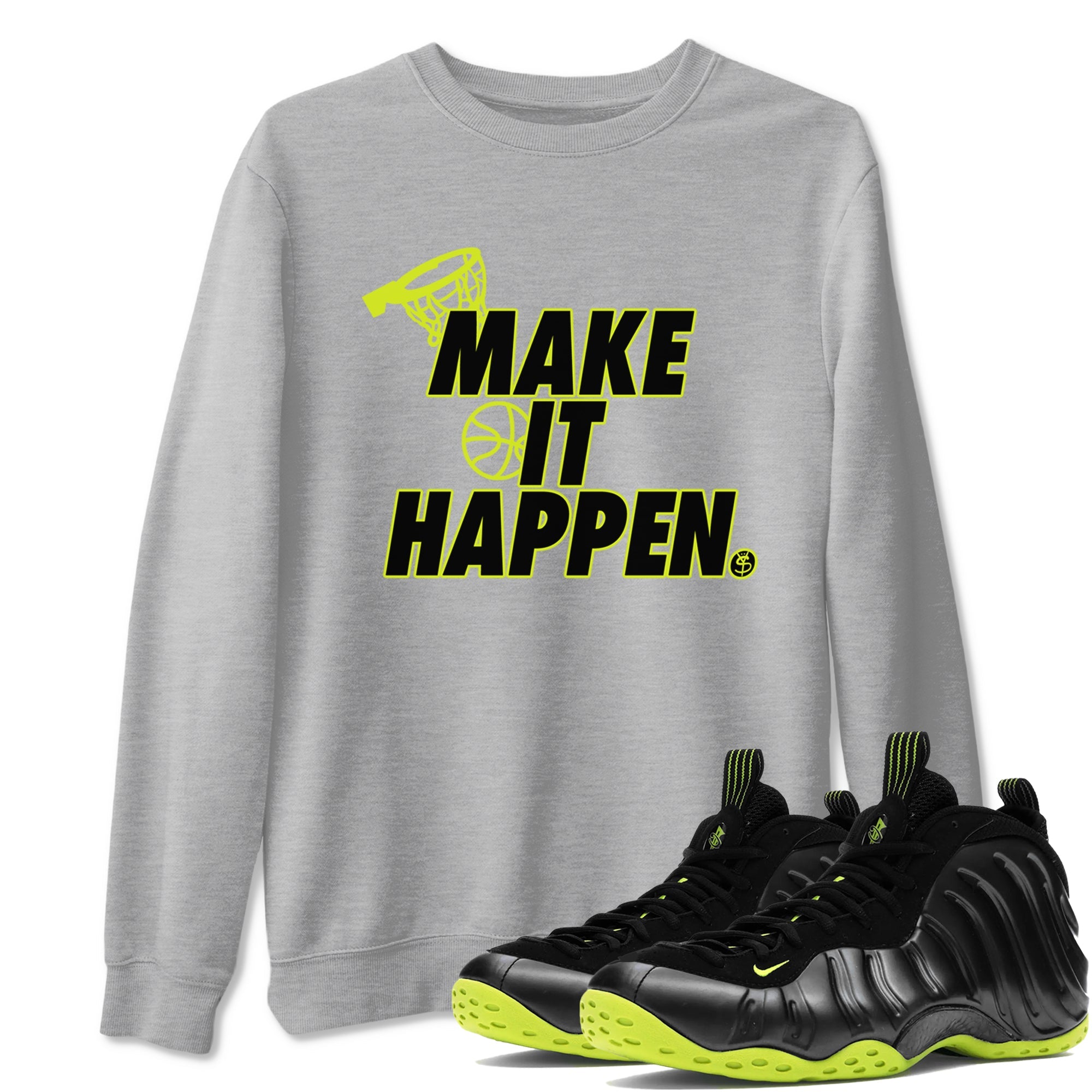 Foams One Black Volt shirts to match jordans Make It Happen sneaker match tees Air Foamposite One Black and Volt match shoes to clothes SNRT Sneaker Tees unisex cotton Heather Grey 1 shirts
