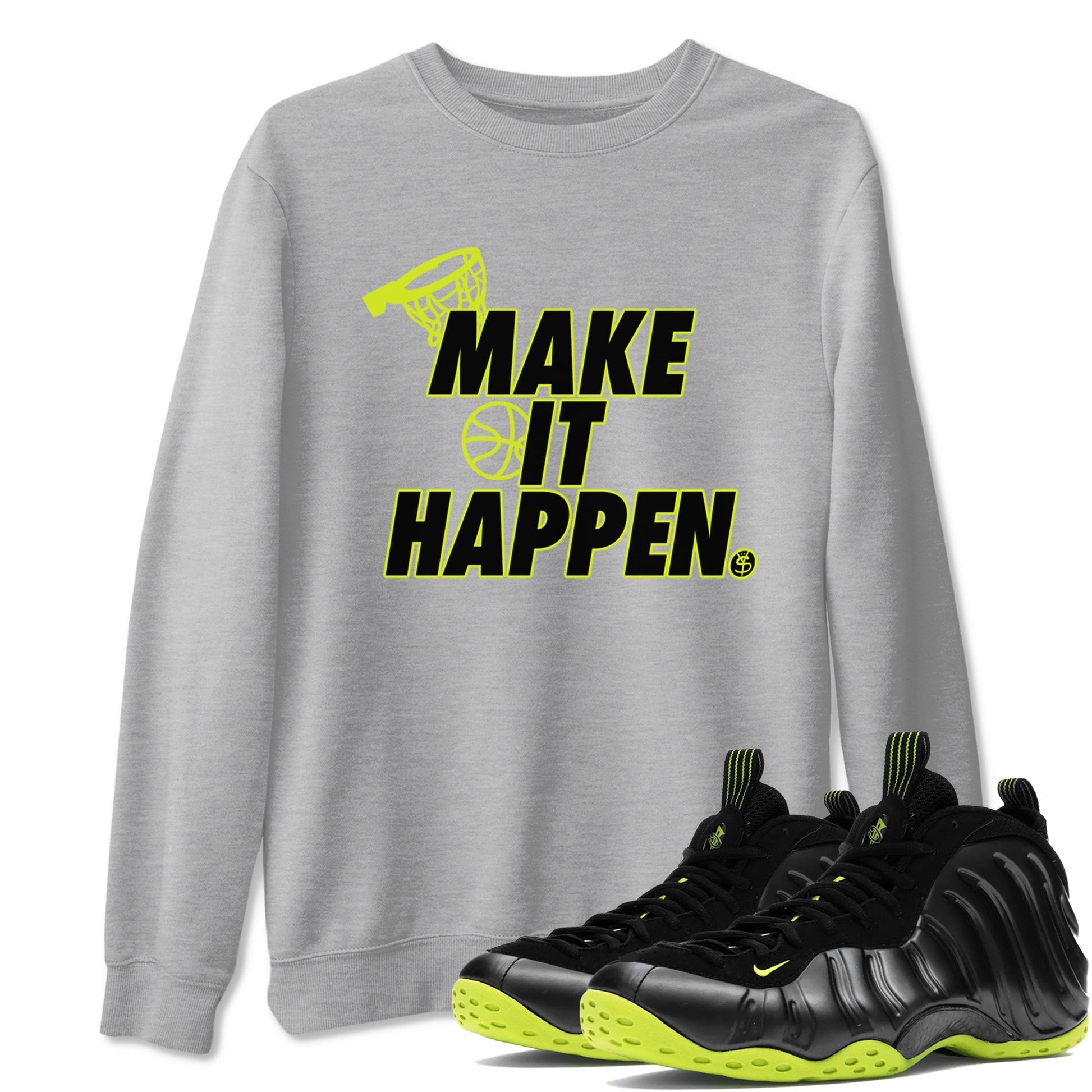 Foams One Black Volt shirts to match jordans Make It Happen sneaker match tees Air Foamposite One Black and Volt match shoes to clothes SNRT Sneaker Tees unisex cotton Heather Grey 1 shirts