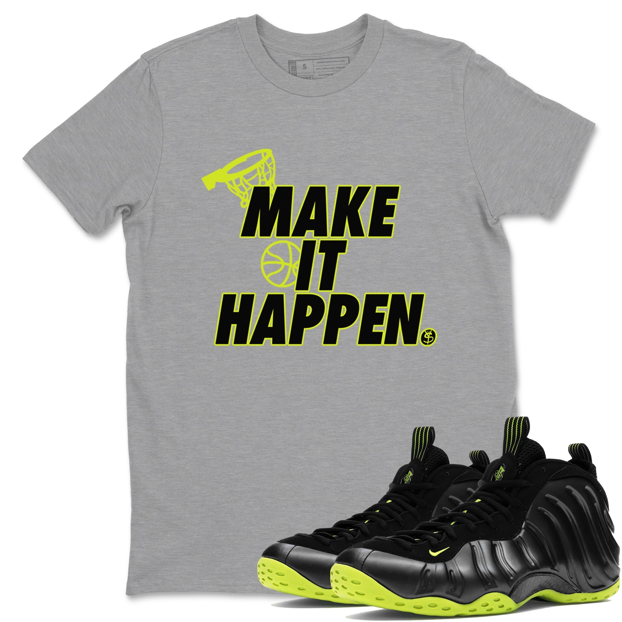 Foams One Black Volt shirts to match jordans Make It Happen sneaker match tees Air Foamposite One Black and Volt match shoes to clothes SNRT Sneaker Tees unisex cotton Heather Grey 1 shirts