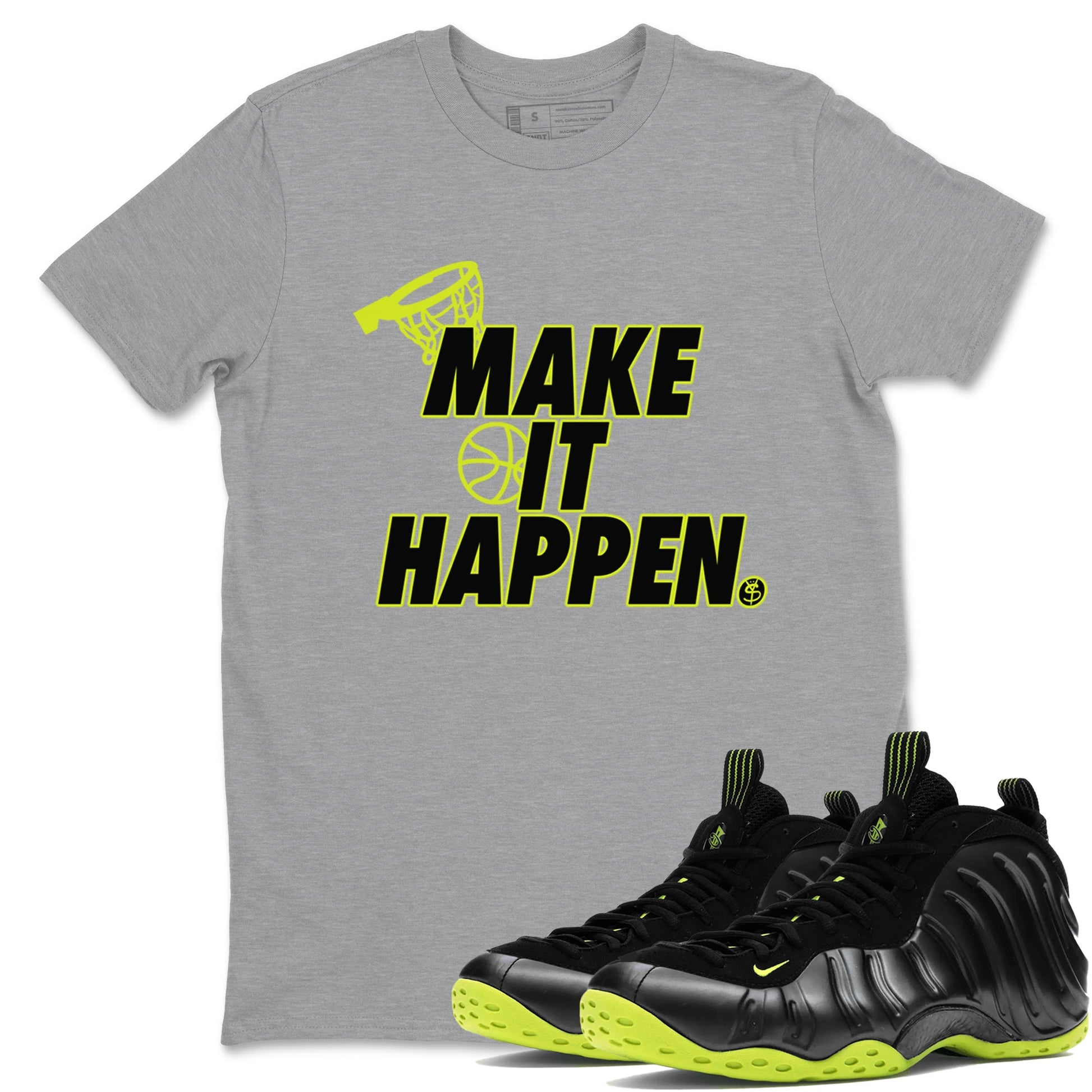 Foams One Black Volt shirts to match jordans Make It Happen sneaker match tees Air Foamposite One Black and Volt match shoes to clothes SNRT Sneaker Tees unisex cotton Heather Grey 1 shirts